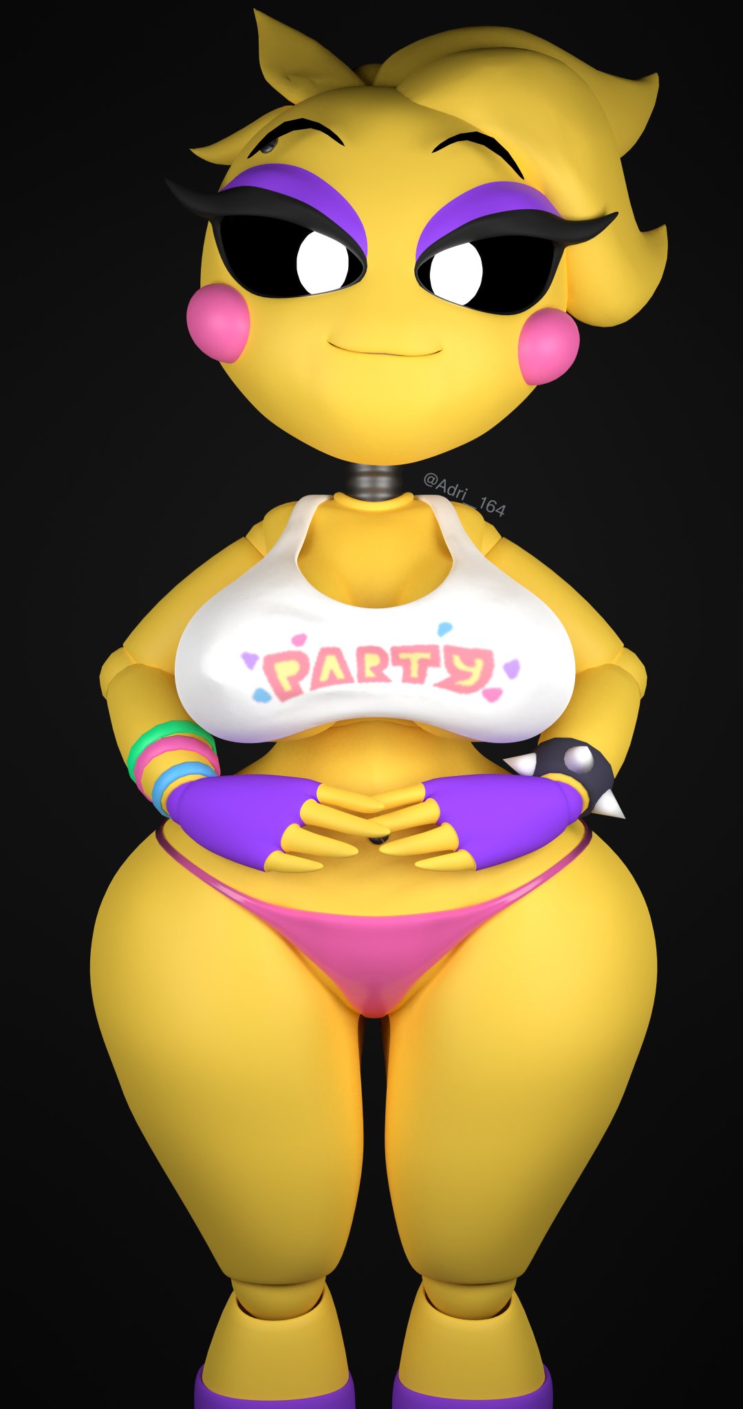1girls, 3d, 3d (artwork), adri164, big breasts, black background, breasts, cleavage, eyebrows, eyelashes, eyeshadow, female, female only, fingerless gloves, five nights at freddy's, five nights at freddy's 2, glowing eyes, large breasts, looking at viewer, panties, pink panties, solo, solo female, solo focus, thick thighs, thighs, thong, toy chica (eroticphobia), toy chica (fnaf), underboob, wide hips, yellow body, yellow hair, yellow skin