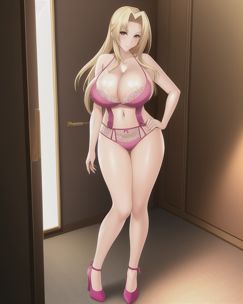 ai_generated blonde_hair breasts_bigger_than_head curvy_figure female female_focus female_only hand_on_hip high_heels huge_breasts lingerie long_hair mature_female naruto naruto_(series) naruto_shippuden pink_clothing pink_lingerie tsunade zerjailes