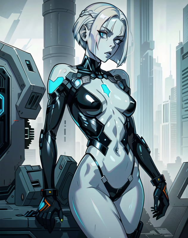 1girls 2023 ai_generated athletic blue_body blue_eyes blue_skin city_background cityscape clothed_female comic cybernetic_arm cybernetics cyberpunk disapproval frown furrowed_brow futuristic futuristic_city futuristic_clothing metallic_body navel robot_humanoid robotic robotic_arm sci-fi science_fiction scifi short_hair silver_hair small_breasts stable_diffusion thin_waist