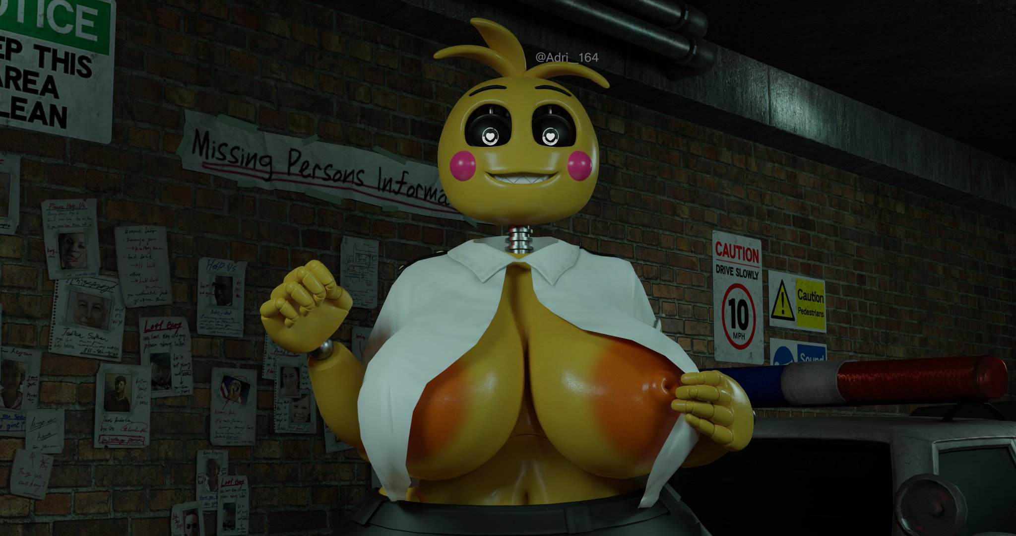 1girls, 3d, 3d (artwork), adri164, animatronic, big breasts, blush, breasts, eyebrows, eyelashes, female, female only, five nights at freddy's, five nights at freddy's 2, glowing eyes, heart, large breasts, looking at viewer, navel, nipples, presenting, presenting breasts, solo, solo female, solo focus, toy chica (fnaf), toy chica (love taste), yellow body, yellow skin