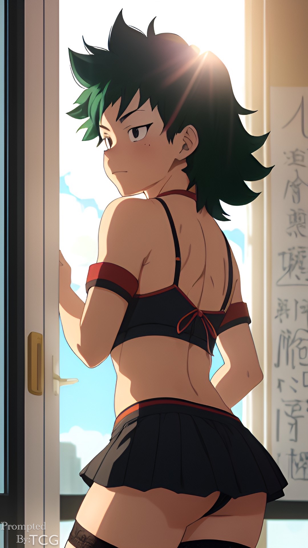 ai generated, classroom, crop top, deku, femboy, girly, green eyes, green hair, izuku midoriya, legwear, male, male only, midoriya izuku, my hero academia, skirt, tank top, thechronicgamer, thighhighs, trap