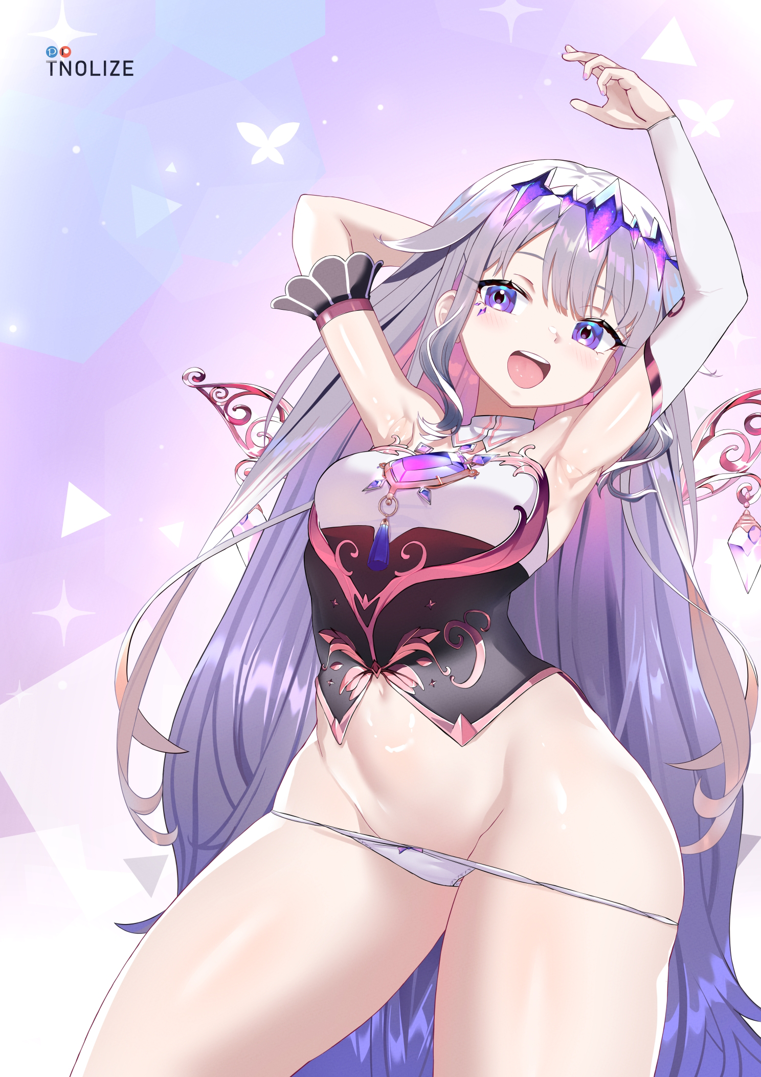 1girls, bow panties, breasts, female, female only, half dressed, hololive, hololive english, hololive english -advent-, koseki bijou, koseki bijou (1st costume), no pants, panties, purple eyes, silver hair, small breasts, solo, solo female, standing, tagme, thick thighs, thighs, tnolize, very long hair, virtual youtuber, white panties, wide hips