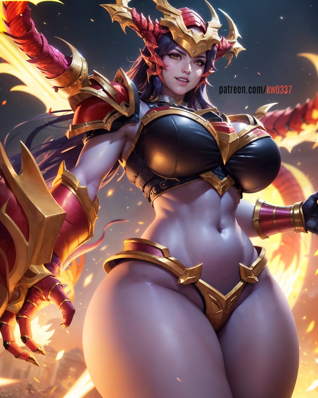 ai_generated big_breasts curvy female kw0337 league_of_legends shyvana stable_diffusion standing voluptuous