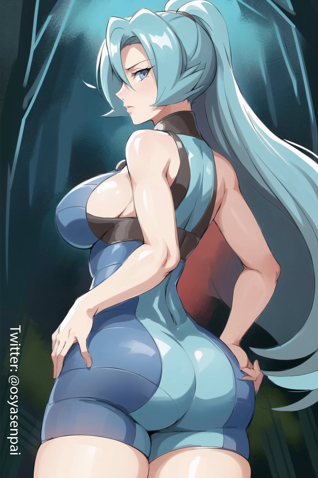 1girls, ai generated, big breasts, blue eyes, blue hair, bodysuit, breasts, clair (pokemon), female, female only, game freak, long hair, nintendo, osyasenpai, pokemon, pokemon (game), pokemon gsc, ponytail, solo, solo female, stable diffusion, tight clothing