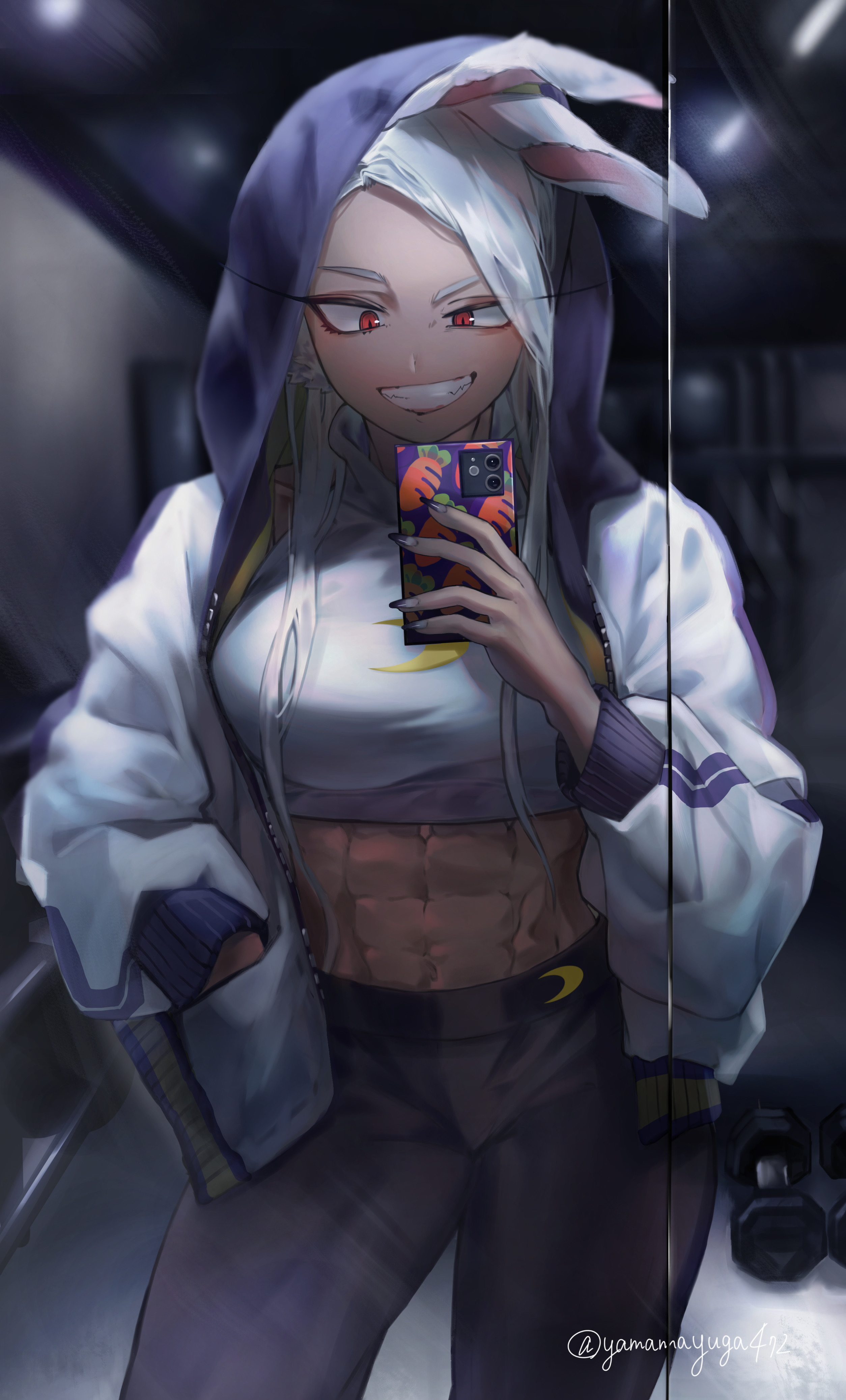 1girls, abs, animal ears, breasts, bunny ears, camera, crop top, dark skin, dark-skinned female, eyelashes, female, female only, hoodie, large breasts, long hair, midriff, mirror, mirror selfie, miruko, muscular, muscular female, my hero academia, phone, recording, red eyes, rumi usagiyama, selfie, smile, solo, streetwear, white hair, yamamayuga472, yoga pants