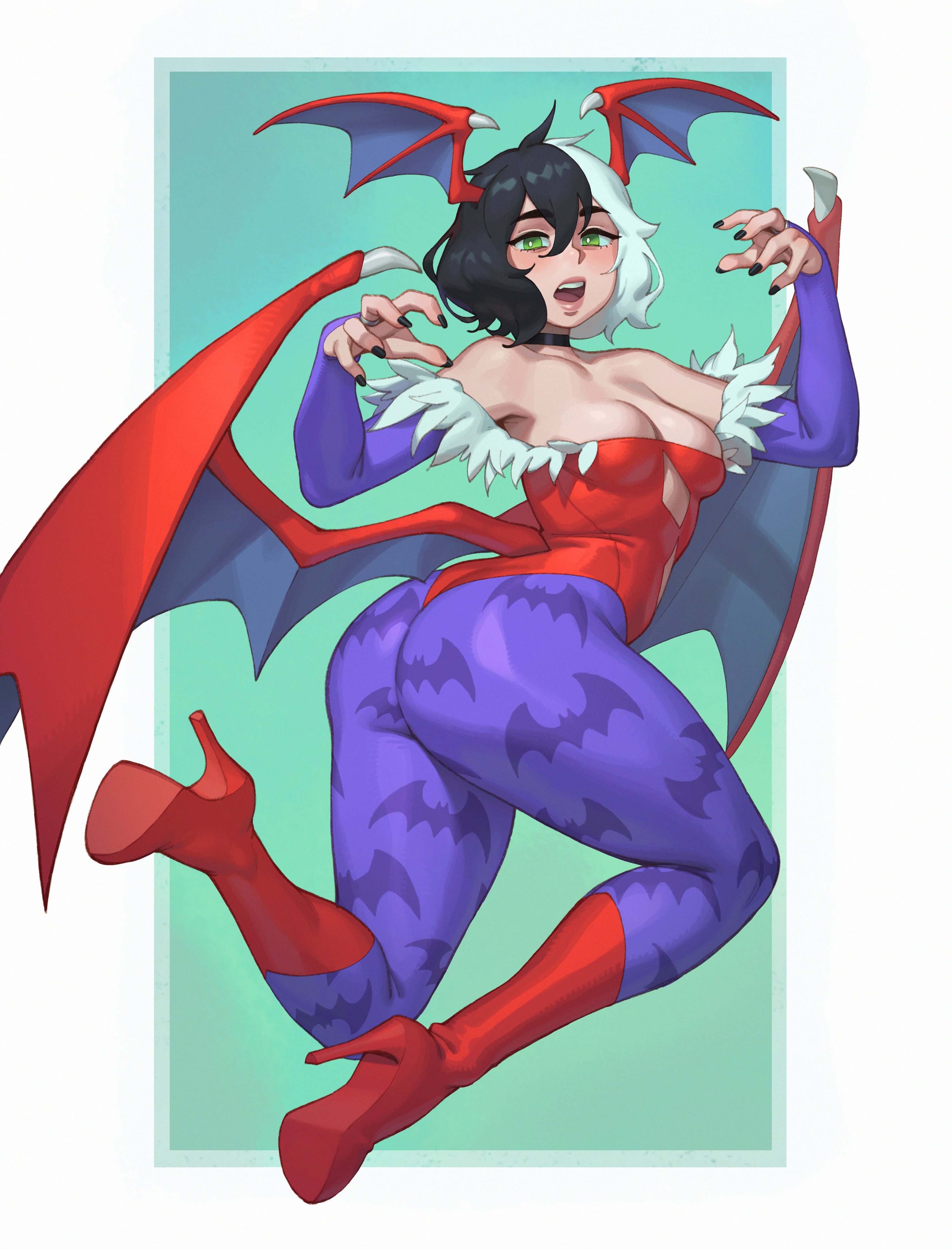 1girls, 2023, ass, black hair, breasts, capcom, cleavage, clothing, commission, cosplay, darkstalkers, demon, female, female only, green eyes, head wings, hi res, huge ass, light skin, light-skinned female, lilith aensland (cosplay), original, original character, rizdraws, small breasts, succubus, succubus costume, thick thighs, tights, two-tone hair, white hair, yorra villeneuve