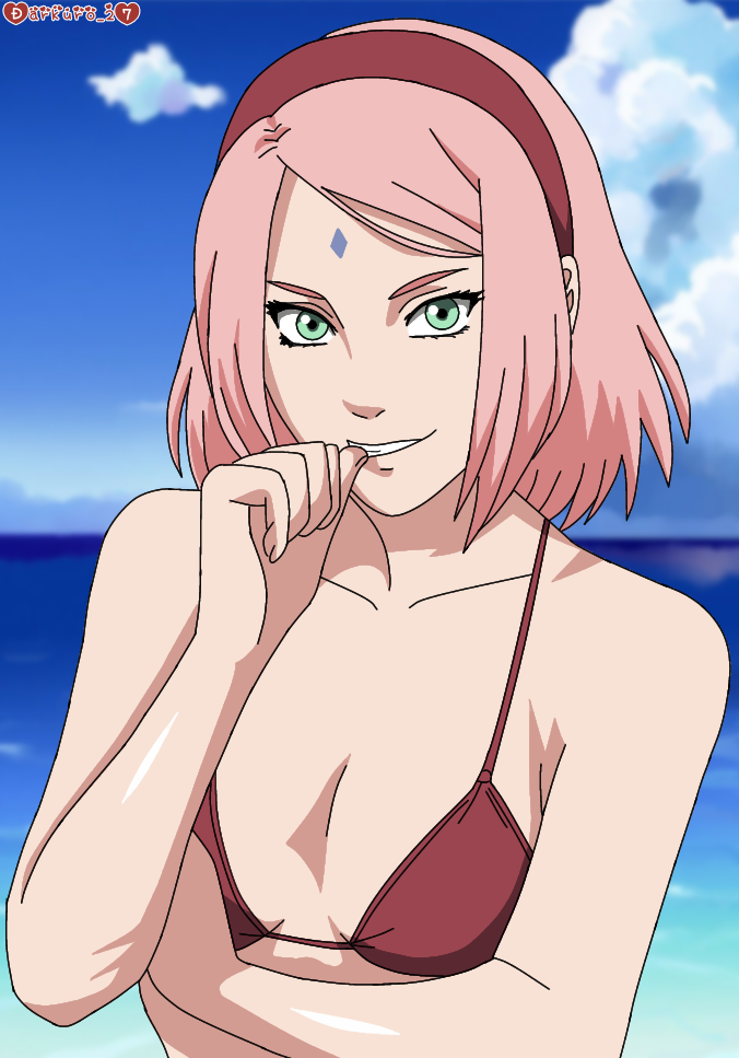 1girls bikini bikini_top boruto:_naruto_next_generations breasts cleavage darkuro_27 facial_mark female female_only forehead_mark hairband looking_at_viewer mature mature_female milf naruto naruto:_the_last naruto_(series) naughty_face naughty_smile sakura_haruno shoulder_length_hair smile solo solo_focus upper_body