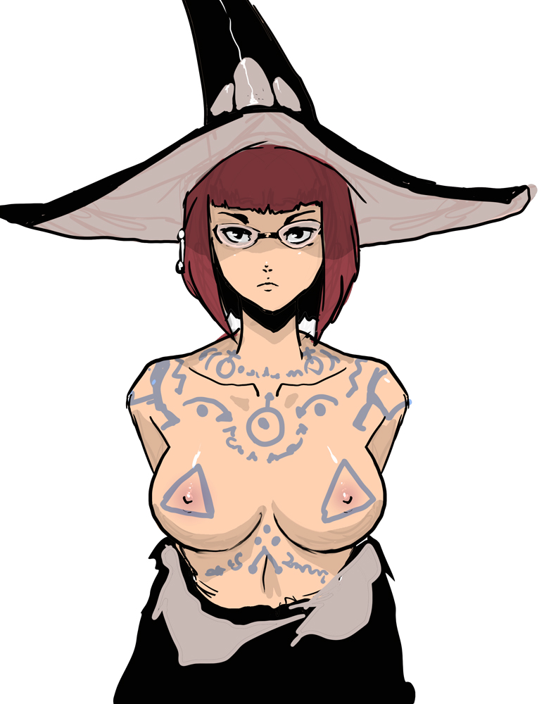 1girls arms_behind_back bob_cut breasts brown_hair daga female female female_only fire_emblem fire_emblem_awakening glasses hat large_breasts looking_at_viewer miriel_(fire_emblem) navel nintendo nipples photoshop_(medium) rimless_eyewear serious short_hair solo source_request tattoo topless upper_body witch_hat