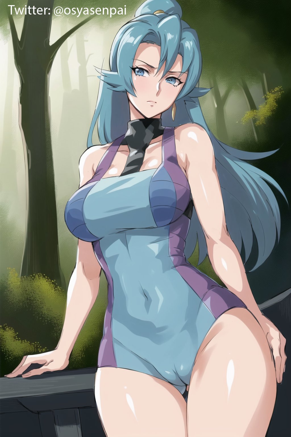 1girls, ai generated, big breasts, blue eyes, blue hair, breasts, clair (pokemon), female, female only, game freak, long hair, nintendo, osyasenpai, pokemon, pokemon (game), pokemon gsc, ponytail, solo, solo female, stable diffusion, tight clothing