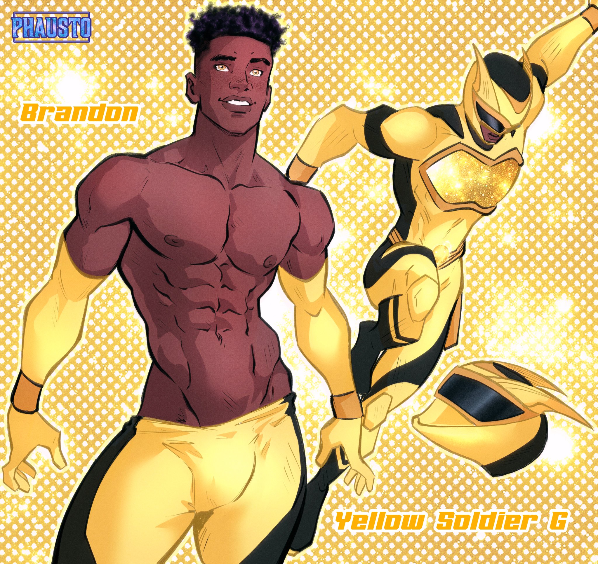 1boy, abs, african, african male, biceps, big bulge, brandon (dsg), bulge, bulging biceps, character sheet, dark male only, dark skin, dark-skinned male, dimensional soldiers g, huge bulge, male, male only, melanin, muscles, muscular, muscular male, navel, nipples, pecs, phausto, shirtless male, smiling, smooth chest, smooth skin, superhero, twitter user oc, yaoi, yellow, yellow theme