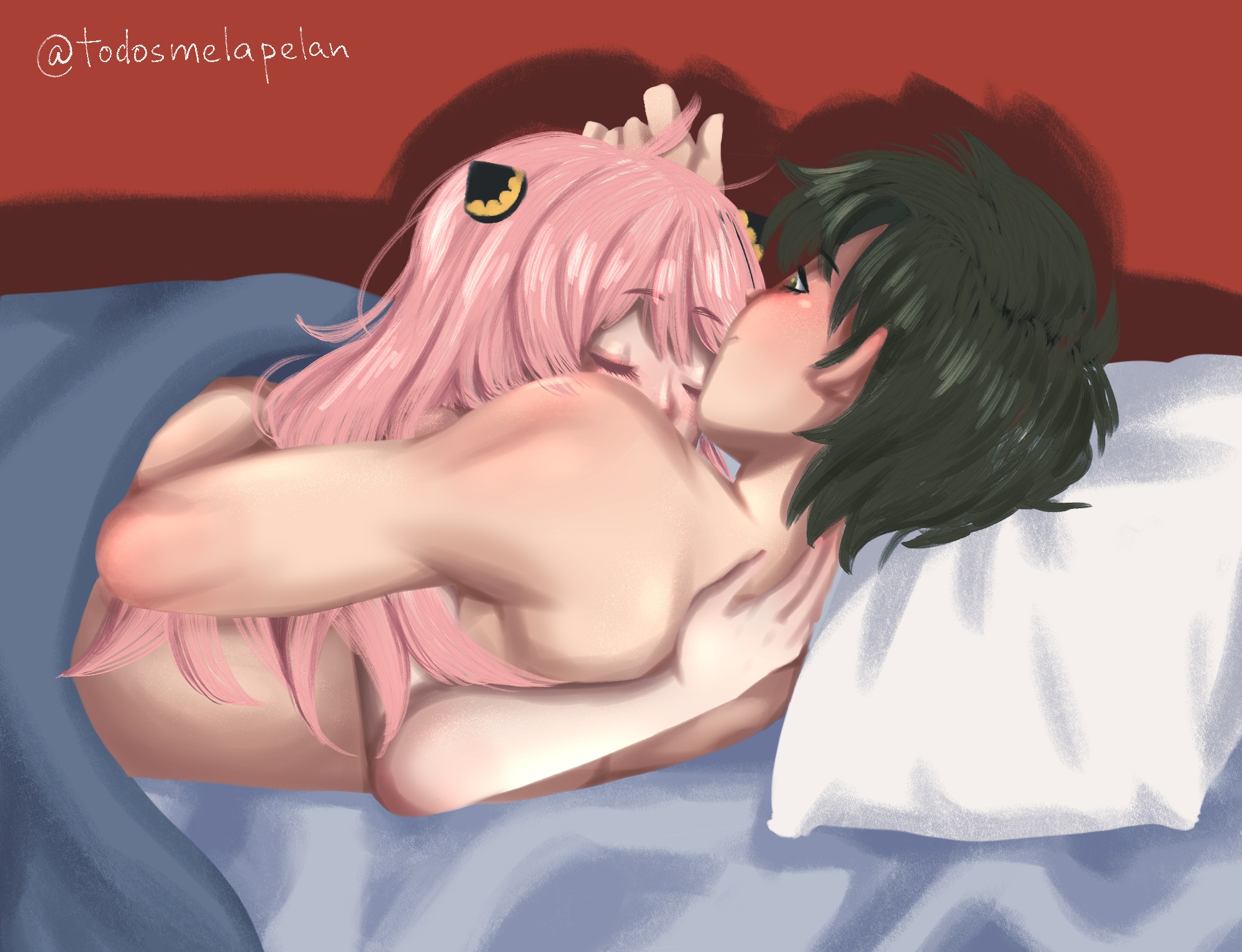 1boy, 1girls, after sex, aftercare, age difference, aged up, anya forger, black hair, caressing head, damian desmond, female, first time, hugging, male, pink hair, spy x family, straight, tagme, todosmelapelan, wholesome