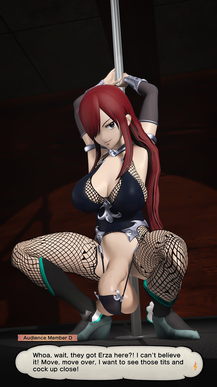 1futa, 3d, 3d (artwork), big penis, breasts, bulge, crouching, erza scarlet, fairy tail, fishnets, flaccid, futa only, futa stripper, futanari, intersex, penis, stalkek, stripper pole, text