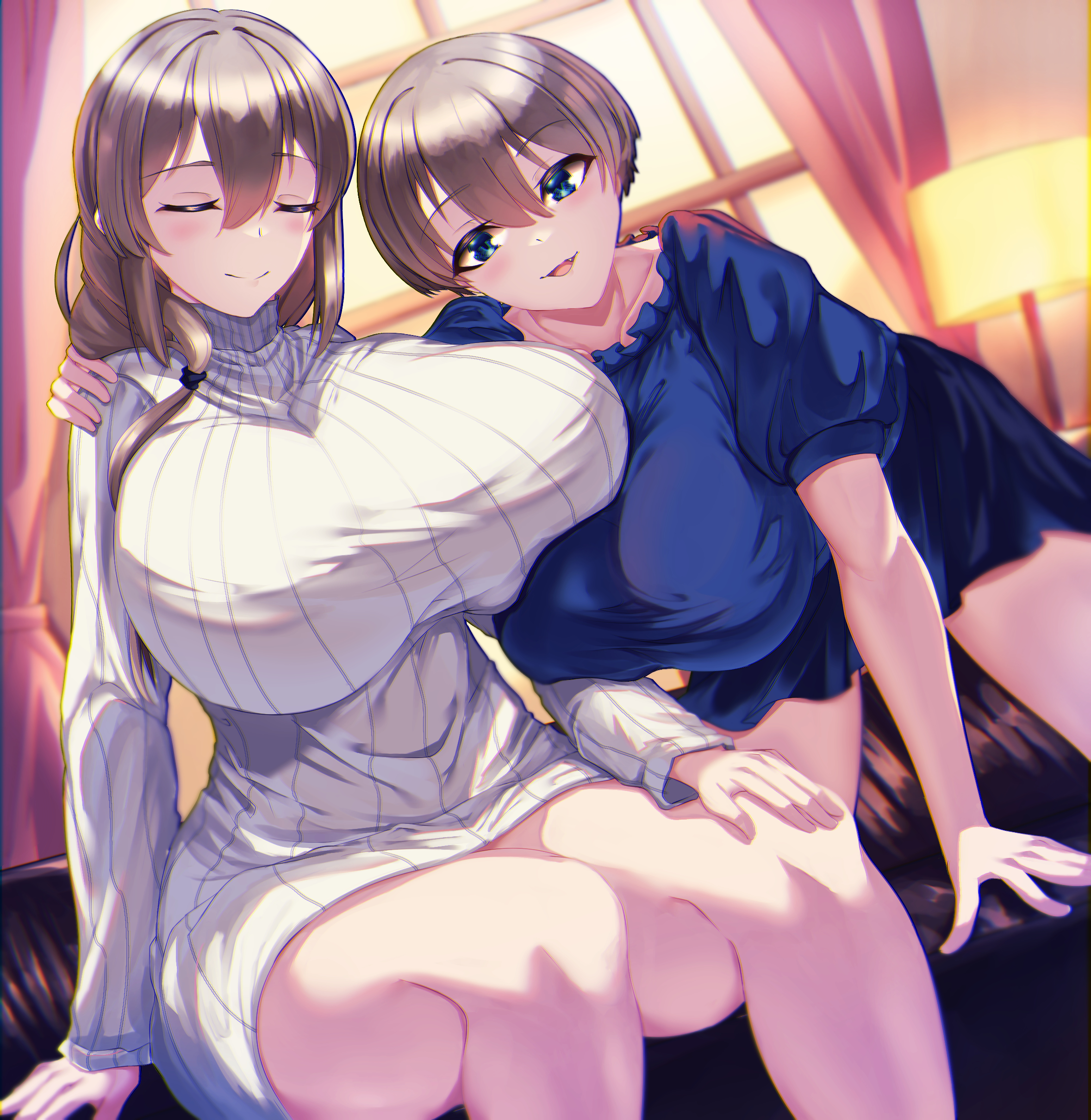 2girls, alternate version available, big breasts, blue eyes, blue sweater, blush, breasts, brown hair, closed eyes, collarbone, daughter, female, female only, front view, geneki, grey hair, hair, huge breasts, impossible clothes, inside, lamp, large breasts, light skin, light-skinned female, long hair, looking at viewer, mature, mature female, milf, mother, mother and daughter, short hair, sweater, thighs, uzaki hana, uzaki tsuki, uzaki-chan wa asobitai!, white sweater