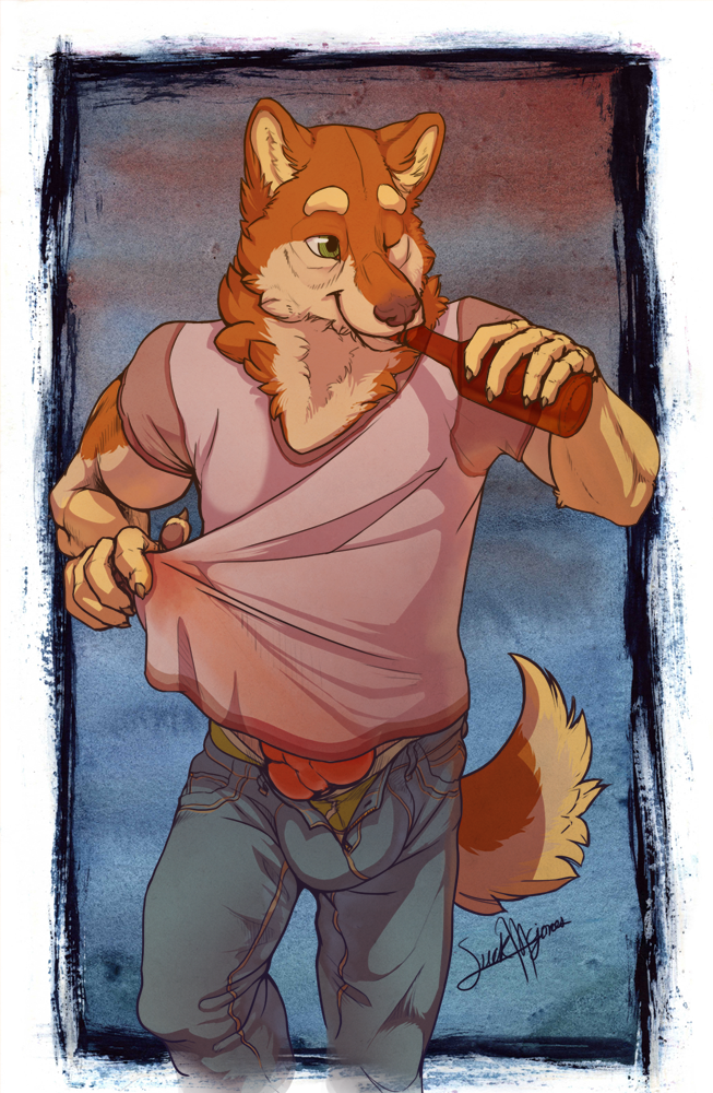 akita akita_inu anthro big_penis bottle bottomwear brown_body brown_fur brown_nose bulge canid canine canis claws clothed clothing container denim denim_clothing domestic_dog erection erection_under_clothing fur genitals green_eyes huge_cock hyper hyper_genitalia jeans male mammal mason_(suck_mcjones) one_eye_closed pants penis shirt solo spitz suck_mcjones t-shirt tail topwear underwear wink