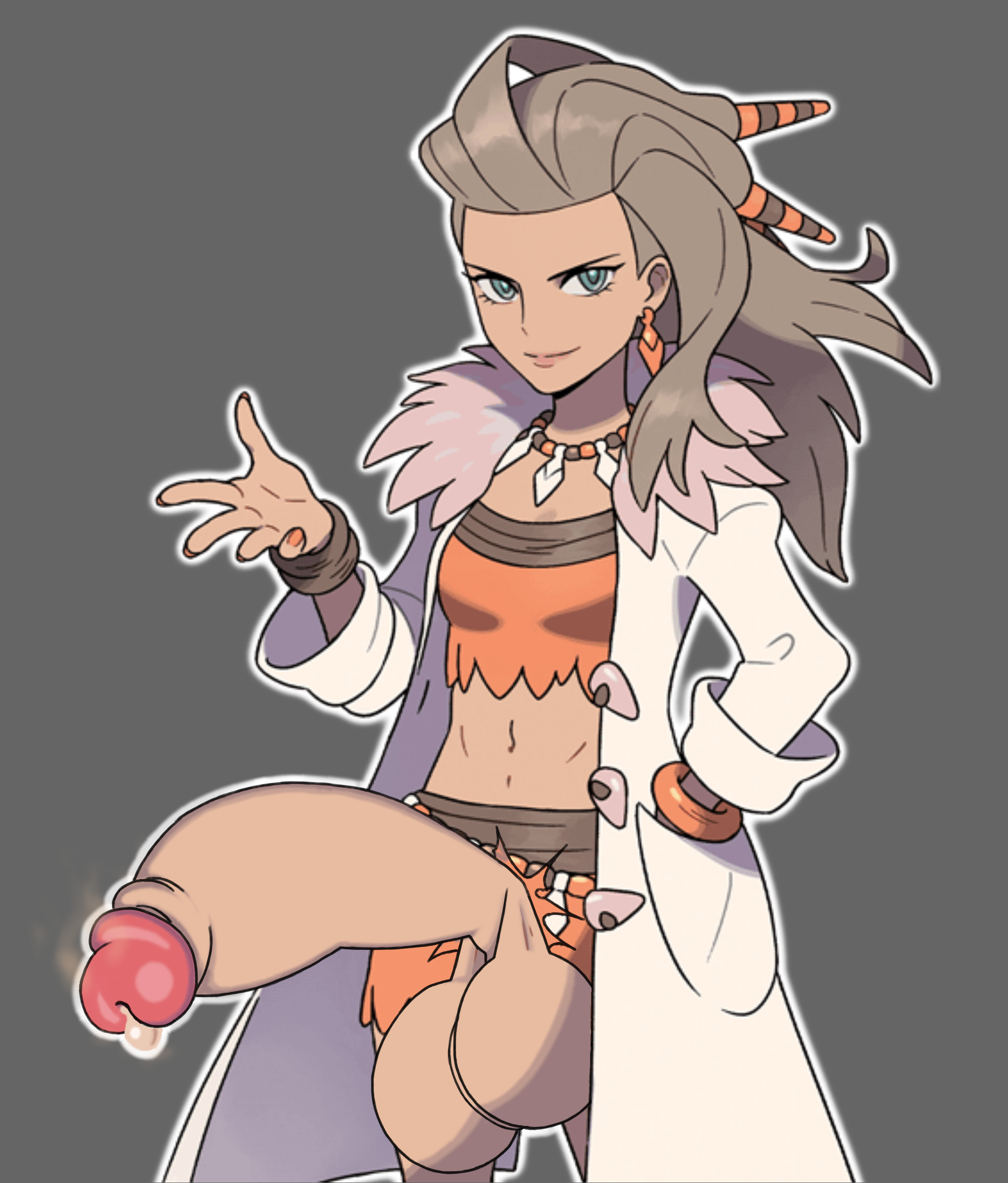 1futa, balls, clothed, clothing, cum, dark skin, dark-skinned futa, edit, edited, futa only, futanari, huge balls, huge cock, huge testicles, human, intersex, leaking, looking at viewer, mostly clothed, official art, penis, pokemon, pokemon sv, professor sada (pokemon), redalarm, self upload, solo, standing, testicles, third-party edit