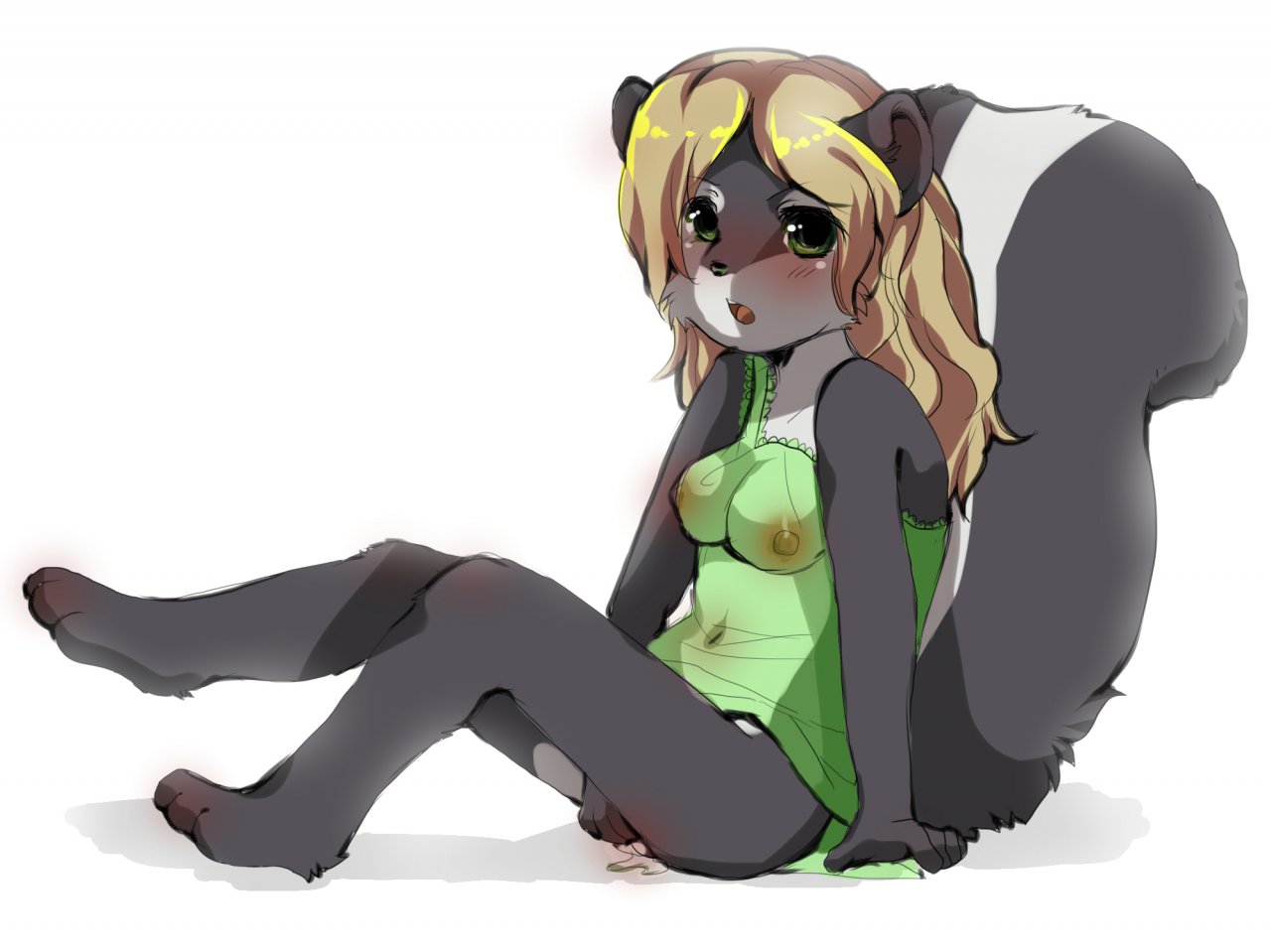 blonde_hair blush breasts female green_eyes hair lingerie long_hair looking_at_viewer mammal masturbation miri mustelid nipples pussy_juice sitting skunk solo tarva_nova translucent white_background