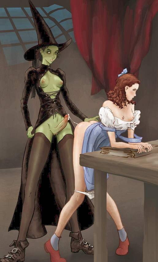 after_sex artist_request breasts clothing cum cum_inside cumdrip doggy_style dorothy_gale elphaba female footwear from_behind futanari human intersex panties_around_leg ruby_slippers slippers the_wizard_of_oz wicked_witch_of_the_west