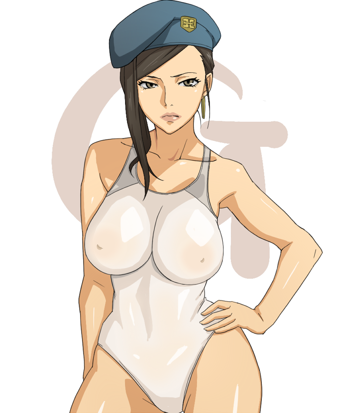 1girls beret bikini black_hair breasts brown_eyes busty cleavage deadman_wonderland hoop_earrings makina_(deadman_wonderland) nipples prison_guard solo tenchisouha voluptuous