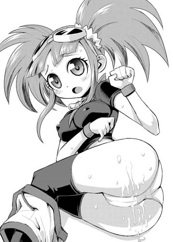 artist_request ass blush breasts cameltoe clothing cum cum_on_ass cum_on_body cum_on_lower_body dinosaur_king erect_nipples erect_nipples_under_clothes goggles goggles_on_head impossible_shirt large_breasts lowres lying monochrome open_mouth panties shorts stockings tatsuno_malm thighhighs tied_hair tight_shirt twintails zootan