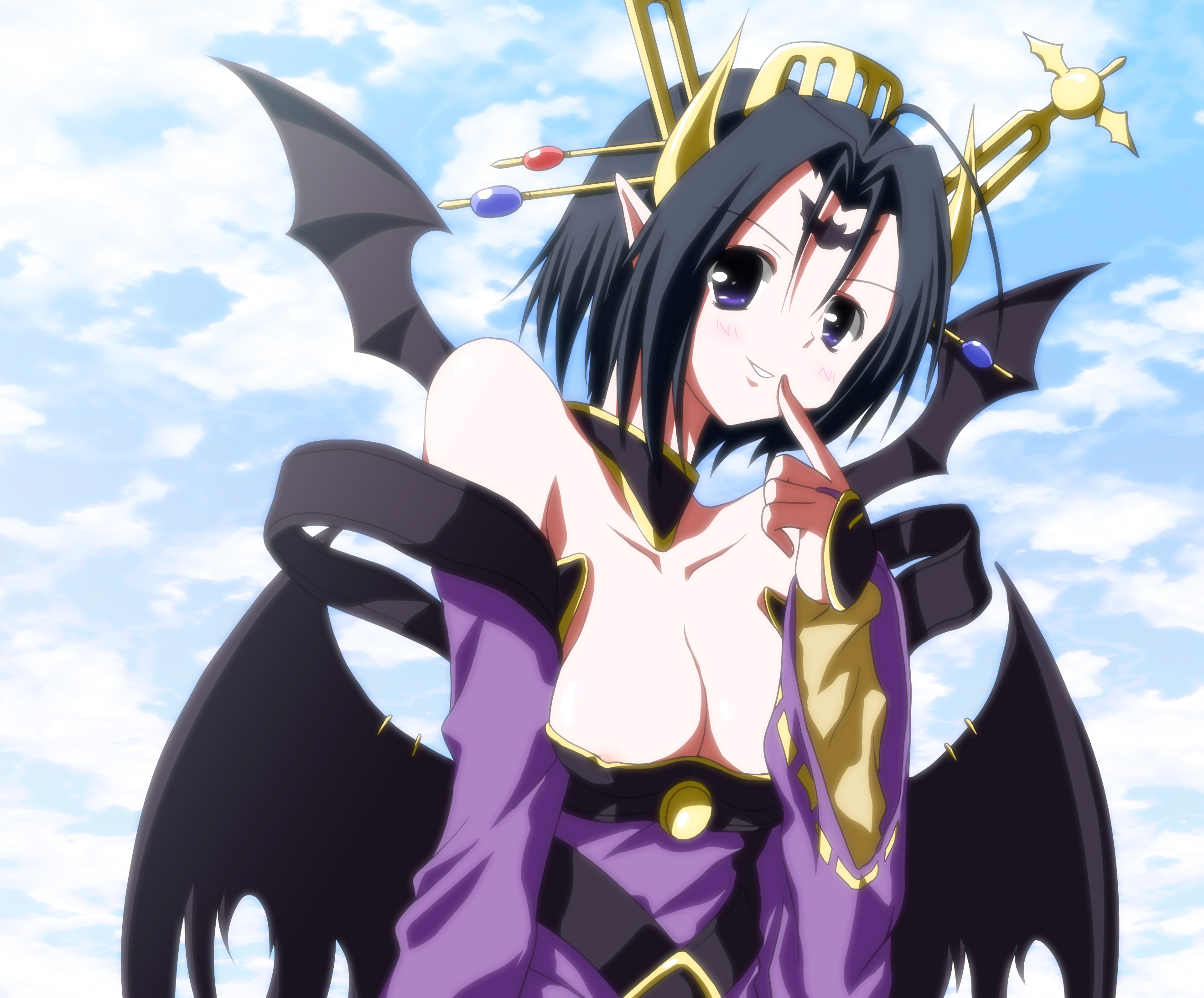 artist_request blush breasts cleavage digimon digimon_(species) digimon_xros_wars female female_only highres lilithmon monster_girl nipple_slip nipples purple_eyes seven_great_demon_lords smile solo succubus wings