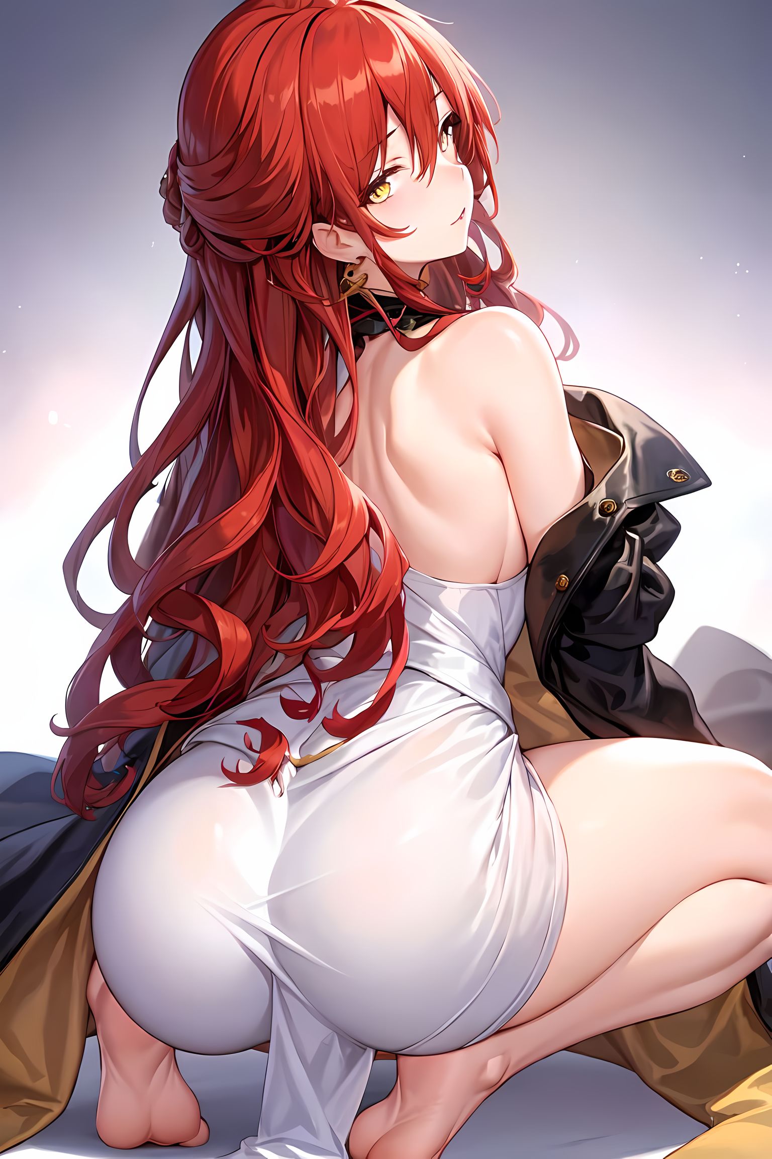 1girls, ai generated, ass, barefoot, breasts, bubble ass, bubble butt, dress, feet, female, hi res, himeko (honkai: star rail), honkai (series), honkai: star rail, large ass, light skin, light-skinned female, long hair, red hair, soles, squatting, stable diffusion, thick thighs, white dress, yellow eyes