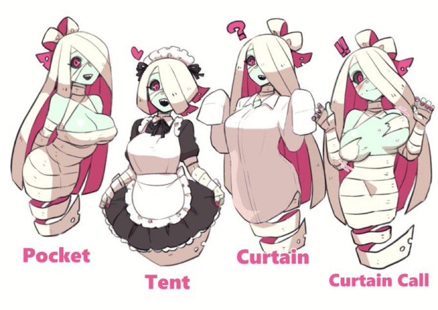 !! <3 1girls ? cleavage female female_only ghost green-skinned_female green_skin hair_over_one_eye harusame10000 headdress heart maid maid_headdress meme monster_girl multiple_poses mummy mummy_sister_(harusame10000) mummy_wrappings no_legs original pink_eyes shirt solo white_shirt