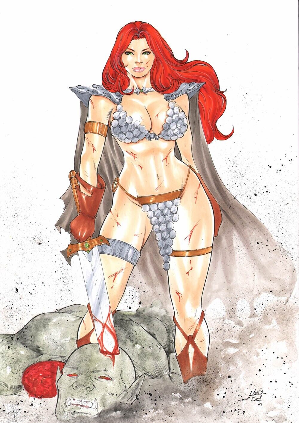 1girls 2023 chainmail_bikini curvaceous curvy_body curvy_female dynamite_comics ed_benes_studio female_focus hi_res high_heels huge_breasts lanio_sena long_hair looking_at_viewer red_sonja solo_female solo_focus