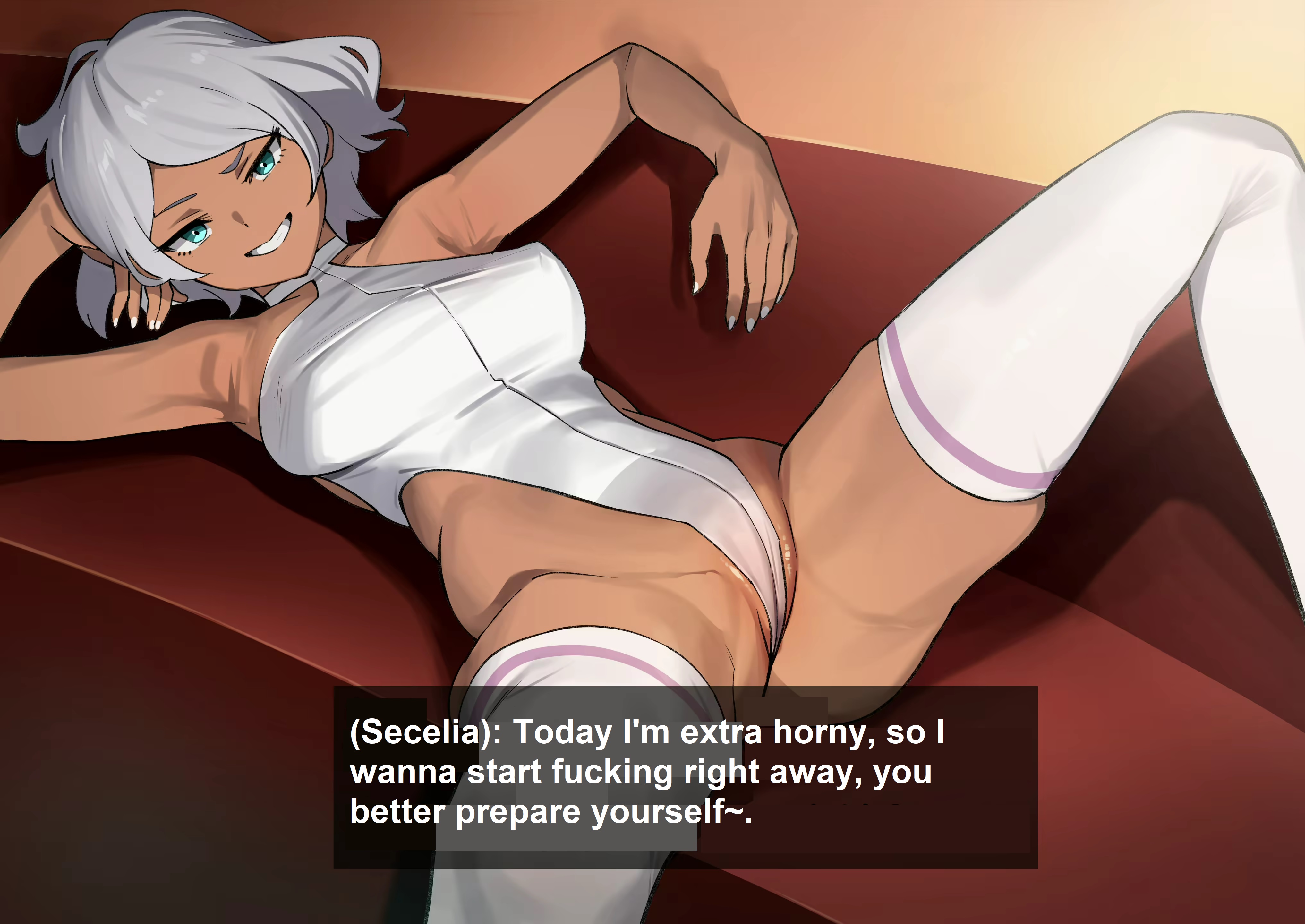 1boy, absurdres, ai translated, ass, assertive female, between breasts, black hair, blue eyes, bouncing breasts, breasts, breasts out, censored, couch, curvy, dark skin, dark-skinned female, english text, female, grin, gundam, gundam suisei no majo, highleg, highleg leotard, highres, indoors, large breasts, leotard, lying on back, lying on side, machine translated, male, mosaic censoring, on couch, ramanda, secelia dote, seducing, seductive pose, short hair, smile, smug, solo focus, straight, sweat, thighhighs, tight, translated, white hair, white leotard, white thighhighs