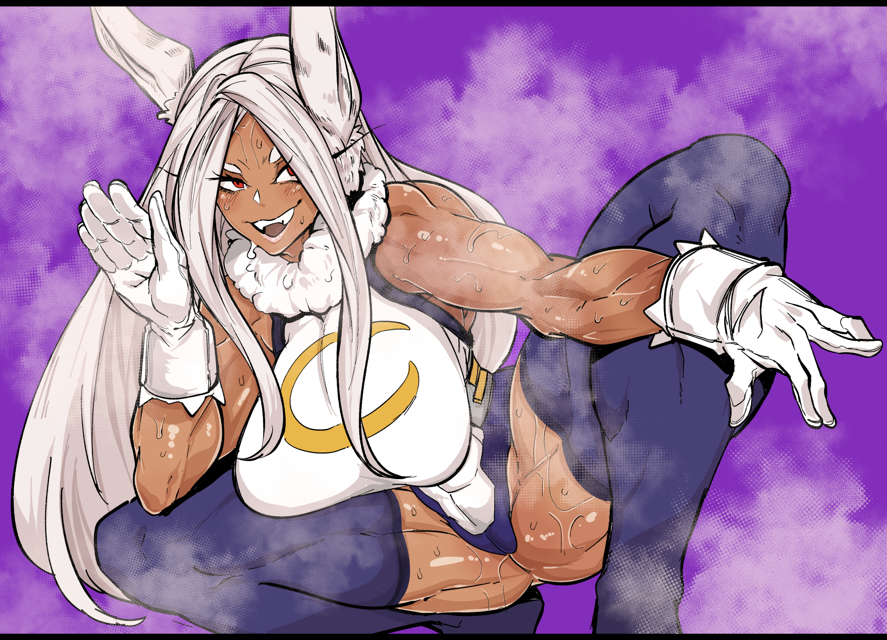 1girls, abs, animal ears, breasts, bunny ears, dark skin, dark-skinned female, eyelashes, female, female only, gloves, huge breasts, leotard, long hair, looking at viewer, miruko, mr.way, muscular, muscular female, my hero academia, red eyes, rumi usagiyama, smile, solo, squatting, steam, sweat, thighhighs, thighs, white hair