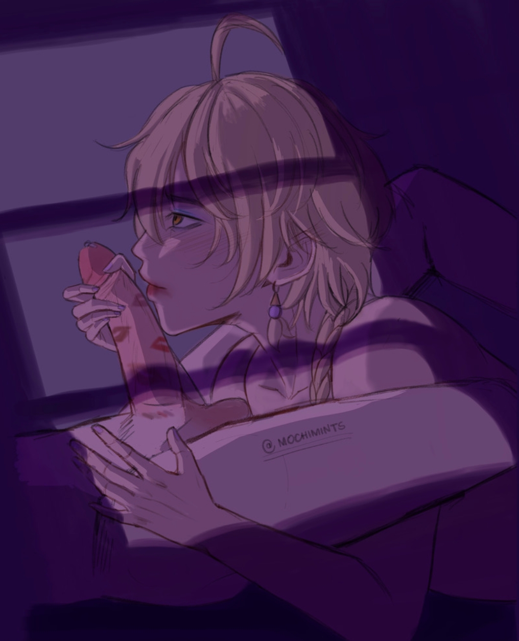 aether (genshin impact), blonde hair, blowjob, blush, femboy, genshin impact, hoyoverse, kiss mark, kiss mark on penis, looking at another, makeup, male, male focus, male only, penis, penis grab, scaramouche (genshin impact), side view, submissive, yaoi
