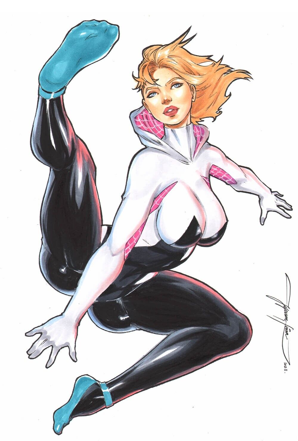 1girls 2023 asymmetrical_hair blonde_hair curvy curvy_female ed_benes_studio female female_only gwen_stacy high_resolution huge_breasts human human_only jeferson_lima latex_suit light-skinned_female light_skin looking_at_viewer marvel marvel_comics skin_tight solo_female solo_focus spider-gwen spider-man_(series) voluptuous voluptuous_female