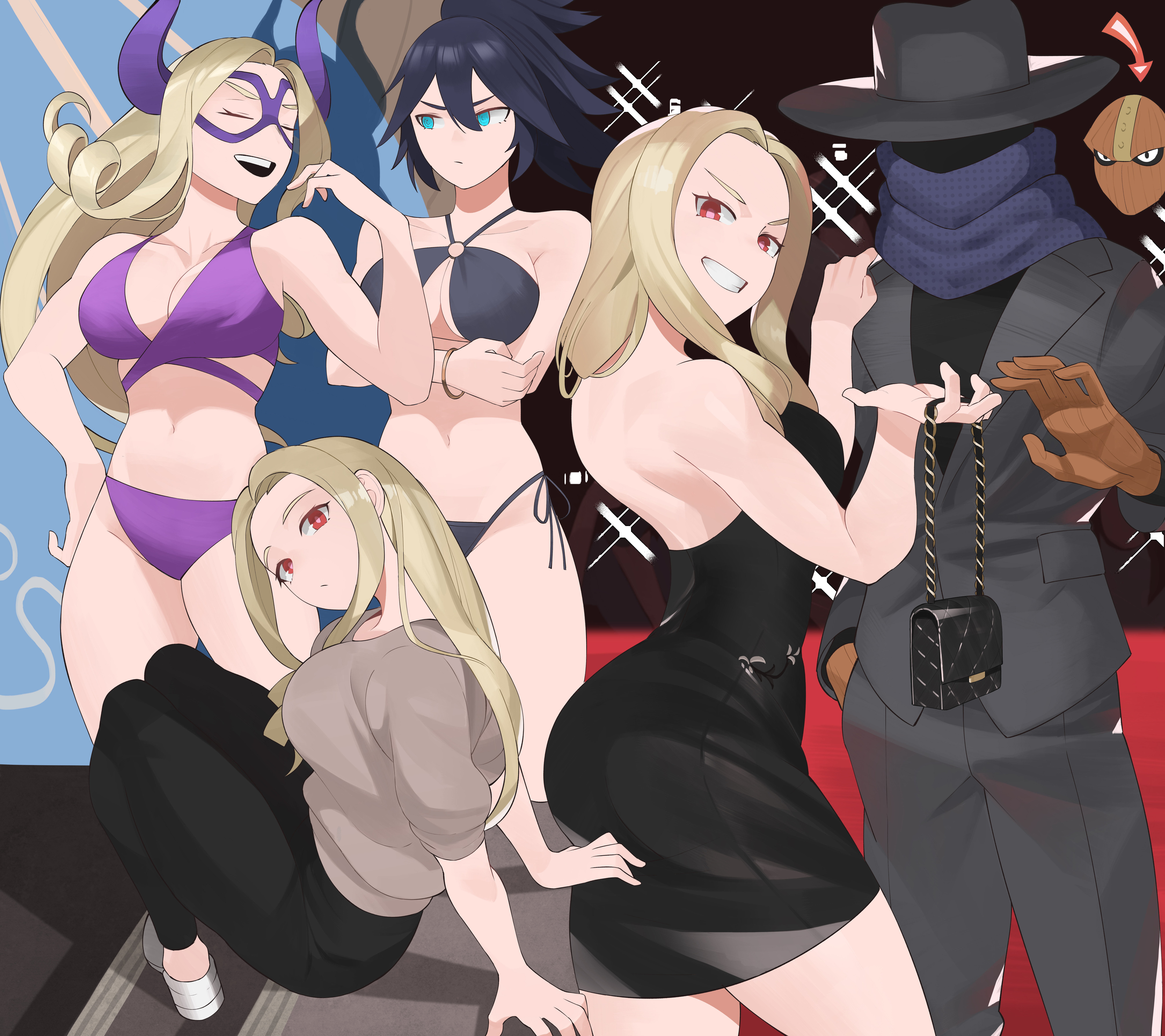 1boy, 2023, 3girls, adult, adults, ass, big ass, bikini, black dress, black hair, black-haired female, blonde hair, blonde-haired female, blue eyes, boku no hero academia, breasts, dress, eye mask, fashion, female, hat, horns, kamui woods, kayama nemuri, ko koyap, kopam, long hair, looking at viewer, looking back, male, mask, midnight (my hero academia), midriff, mount lady, mt. lady, my hero academia, nemuri kayama, nishiya shinji, open mouth, ponytail, pool, poolside, red carpet, red eyes, scarf, shinrin kamui, smile, suit, swimsuit, takeyama yuu, underboob, white hair, white-haired female, yuu takeyama