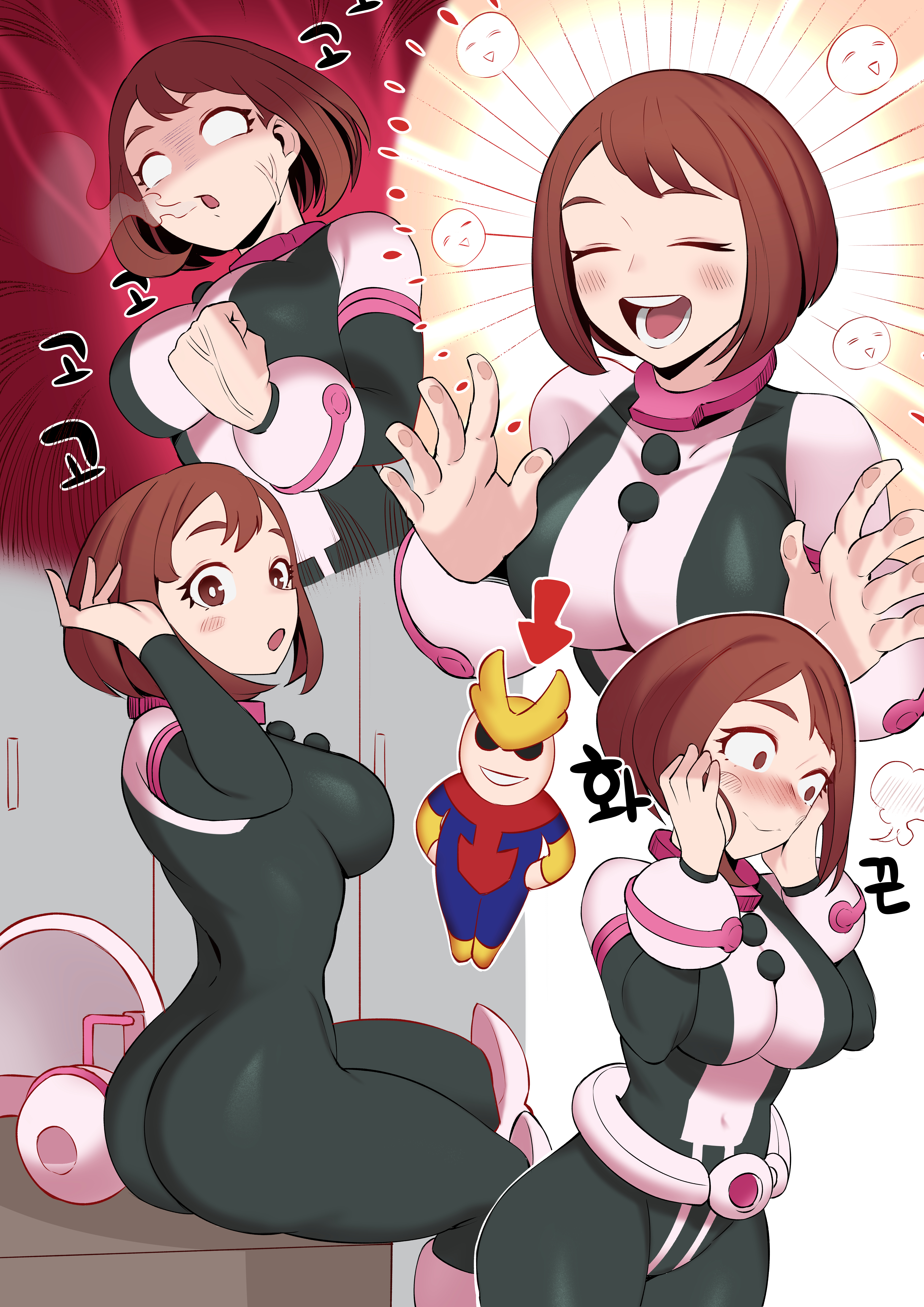 1girls, anger vein, angry, ass, big breasts, blush, bodysuit, breasts, brown eyes, brown hair, brown-haired female, closed eyes, embarrassed, female, female human, female only, hero outfit (mha), human, kopam, large ass, large breasts, light skin, light-skinned female, my hero academia, ochako uraraka, ochako uraraka (hero outfit), short hair, sitting, skin tight, slim waist, smile, solo, superhero costume, superheroine, thick thighs, thighs, uraraka ochako, wide hips