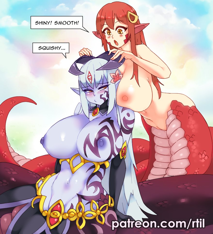 2girls alice_(mon-musu_quest!) breasts_against_head completely_nude completely_nude_female lamia miia_(monster_musume) mon-musu_quest! monster_girl monster_girl_quest monster_musume_no_iru_nichijou multiple_girls nipples pussy rtil topless topless_female