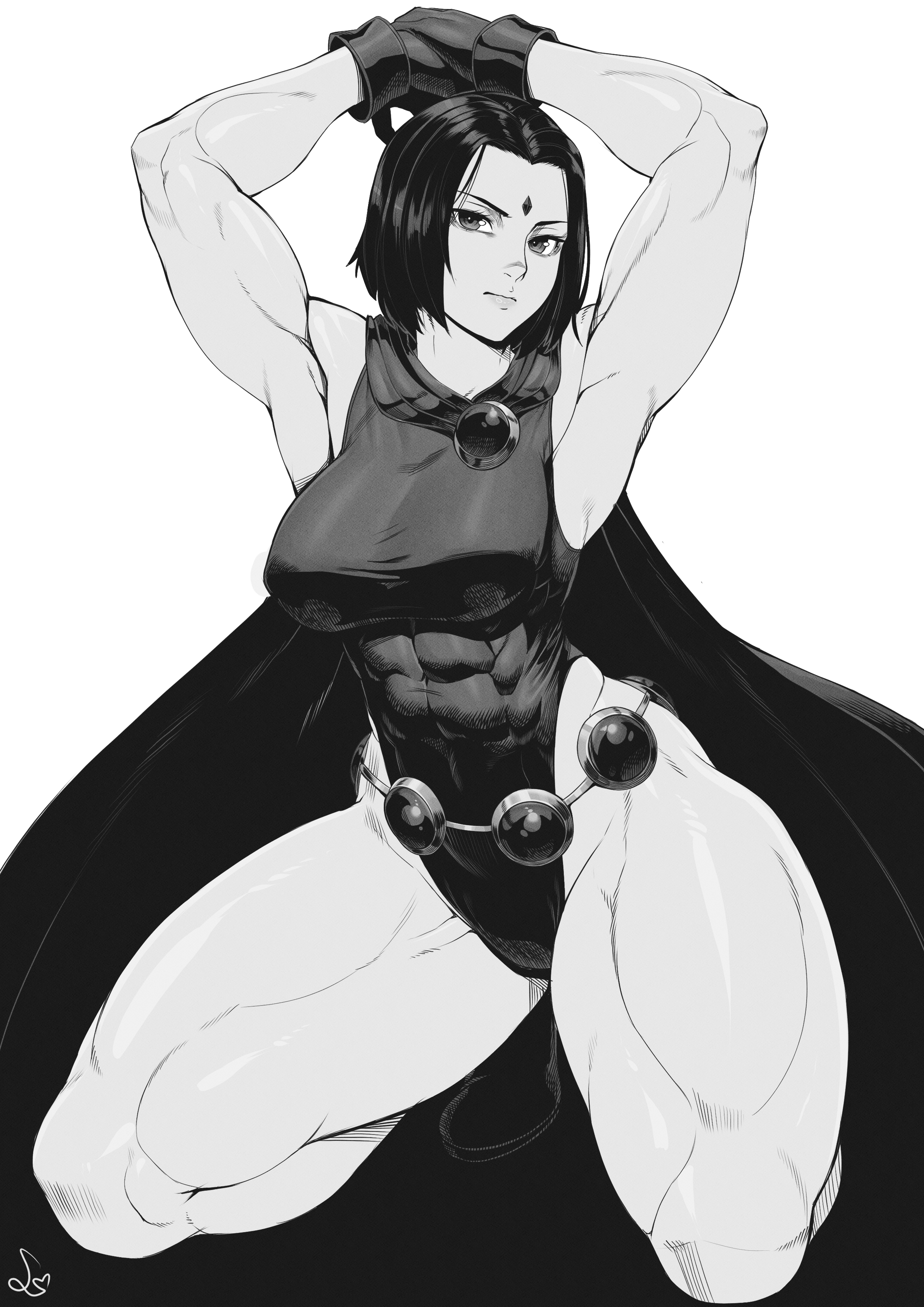 1girls, abs, abs visible through clothing, absurd res, adonis belt, armpits, black and white, breasts, dc, dc comics, female, female only, fully clothed, greyscale, hi res, large breasts, leotard, looking at viewer, medium hair, monochrome, muscular, muscular arms, muscular female, muscular legs, muscular thighs, rachel roth, raven (dc), short hair, signature, solo, speedl00ver, stretching, teen titans, thick thighs, thighs, white background