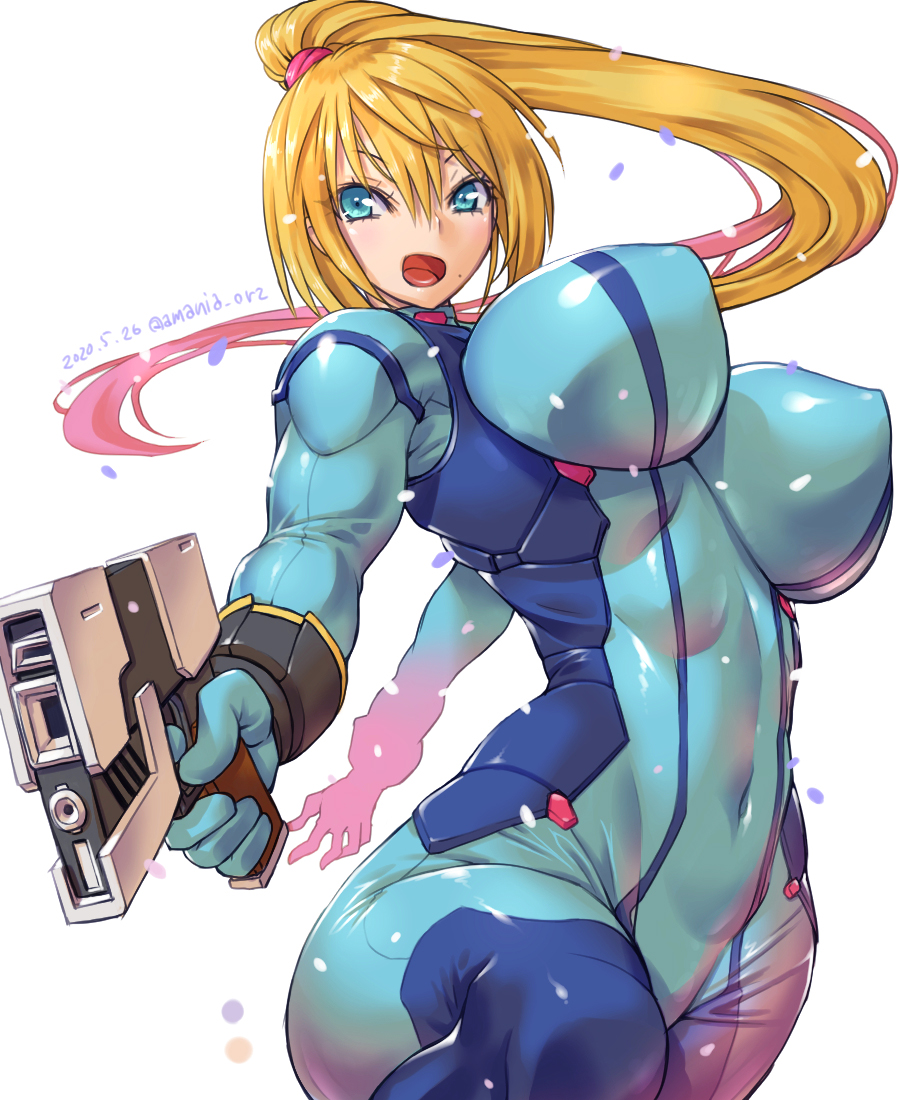 1female 1girl 1girls 2d 2d_(artwork) amania_orz beauty_mark big_breasts blonde_female blonde_hair blue_eyes bodysuit drawing drawn fit fit_female gun large_breasts long_hair metroid mole_under_mouth muscular muscular_female nintendo open_mouth pink_highlights plain_background ponytail pose posing posing_for_the_viewer posing_with_weapon samus_aran scrunchie signature smile smiling smiling_at_viewer solo solo_female solo_focus tight_clothing weapon weapon_in_hand white_background zero_suit zero_suit_samus