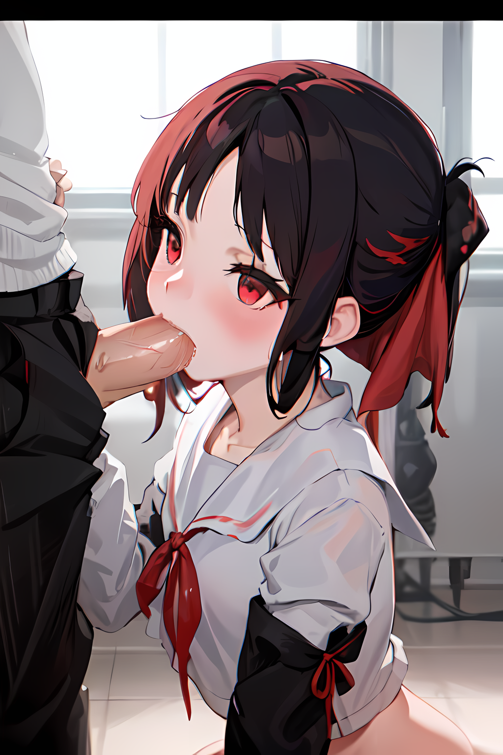 ai_generated black_hair blowjob fellatio kaguya-sama_wa_kokurasetai_~tensai-tachi_no_renai_zunousen~ male/female oral_sex penis pixai red_eyes school_uniform shinomiya_kaguya short_hair small_breasts straight sucking_penis