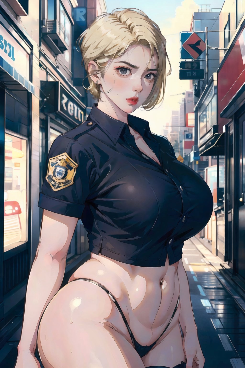 1girls ai_generated breasts female female_only large_breasts lipstick looking_at_viewer oppaipriest original police police_uniform policewoman shirt short_hair solo thighhighs thighs thong wide_hips