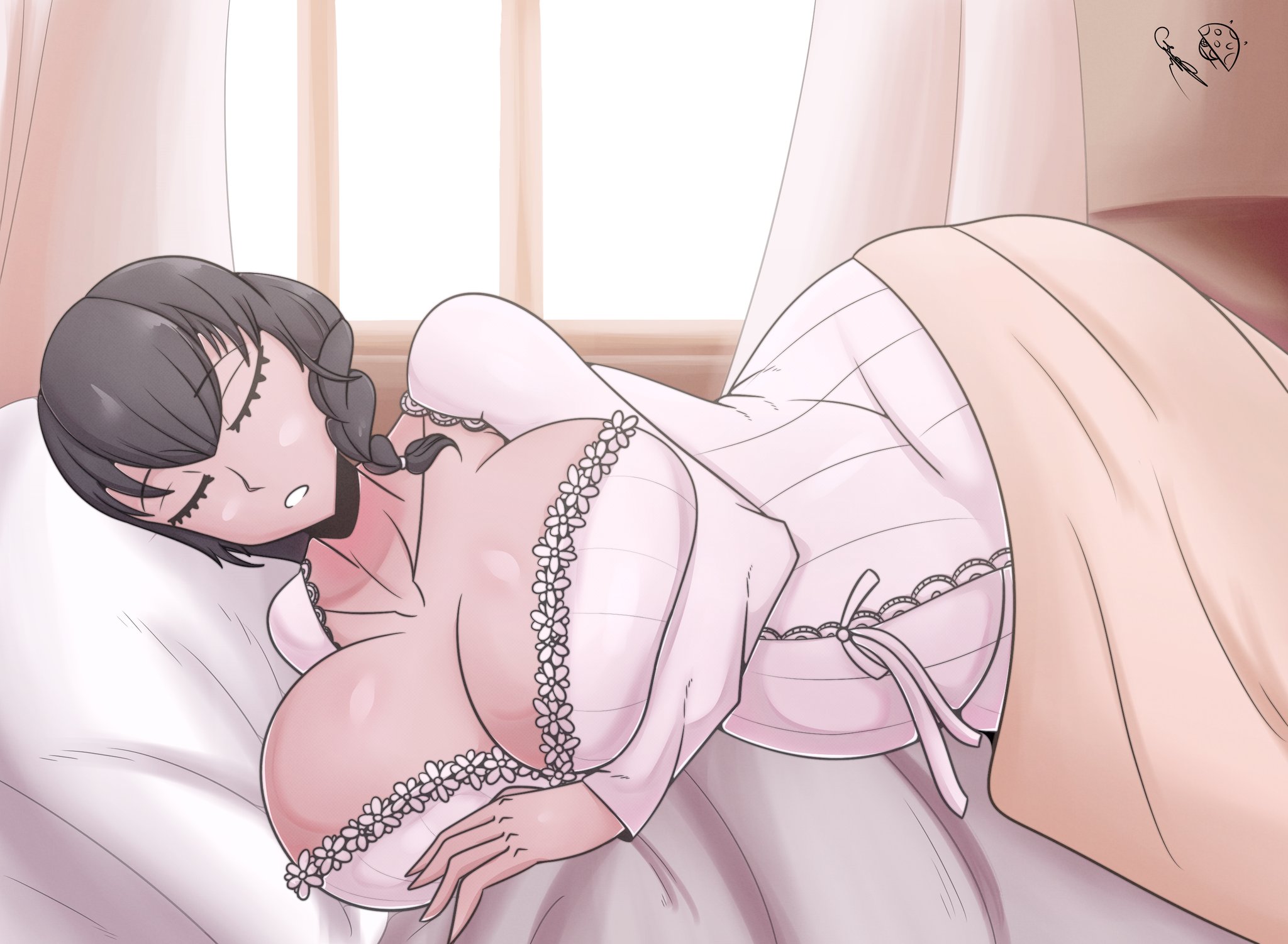 bed, bedroom, big breasts, breasts, commission, female, goddess of victory: nikke, mary (nikke), maternity clothes, maternity dress, pov, pregnant, sleeping, tr yithaz, wholesome