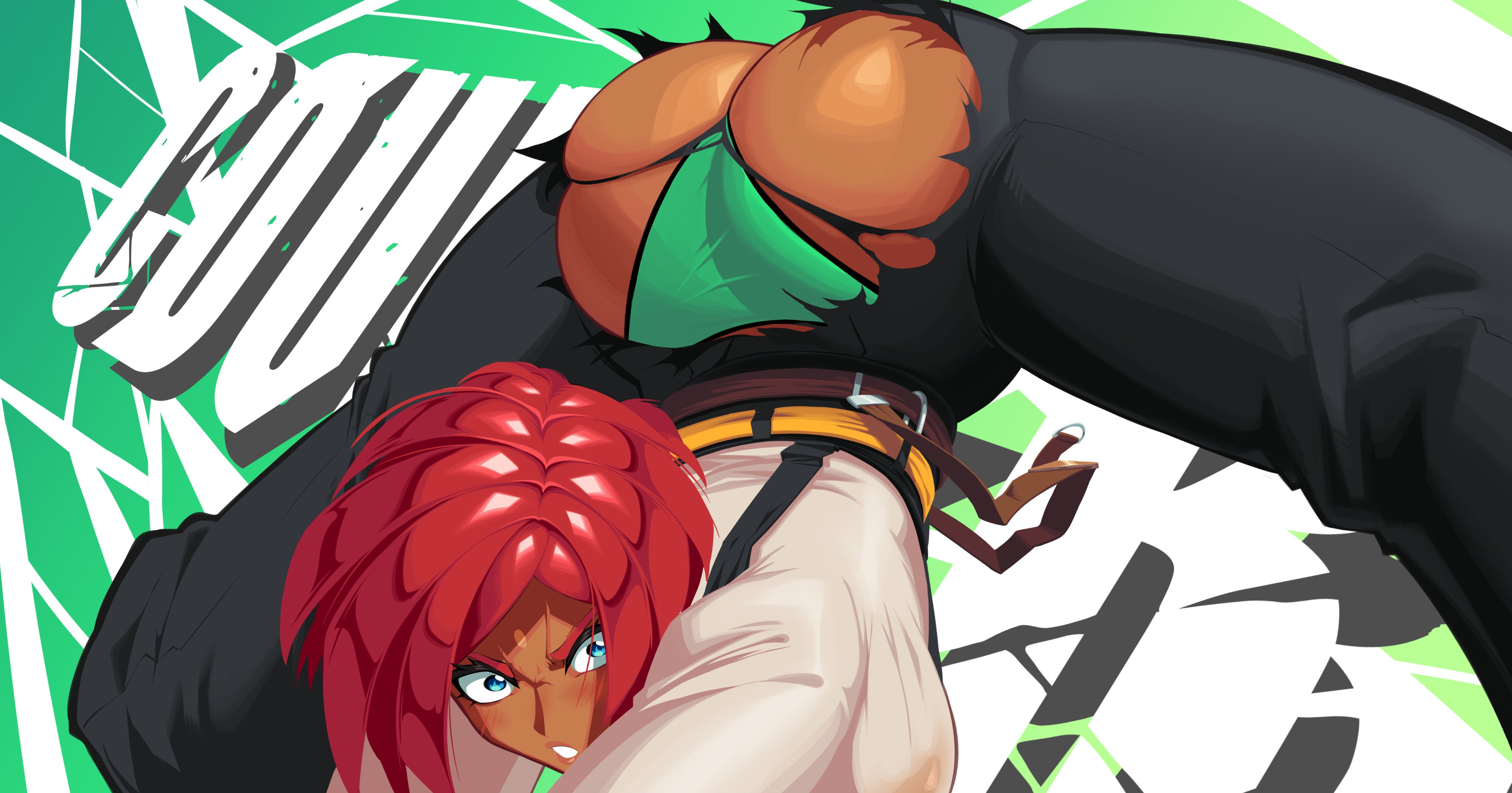 1girls, ass, ass too big, big ass, big ass (female), big butt, bonburri, brazilian, brazilian female, dark skin, dark-skinned female, fat ass, female, giovanna (guilty gear), green panties, guilty gear, guilty gear strive, huge ass, huge ass (female), inconvenient ass, inconvenient butt, large ass, ripped clothing, ripped pants, thick ass, tight pants, wardrobe malfunction