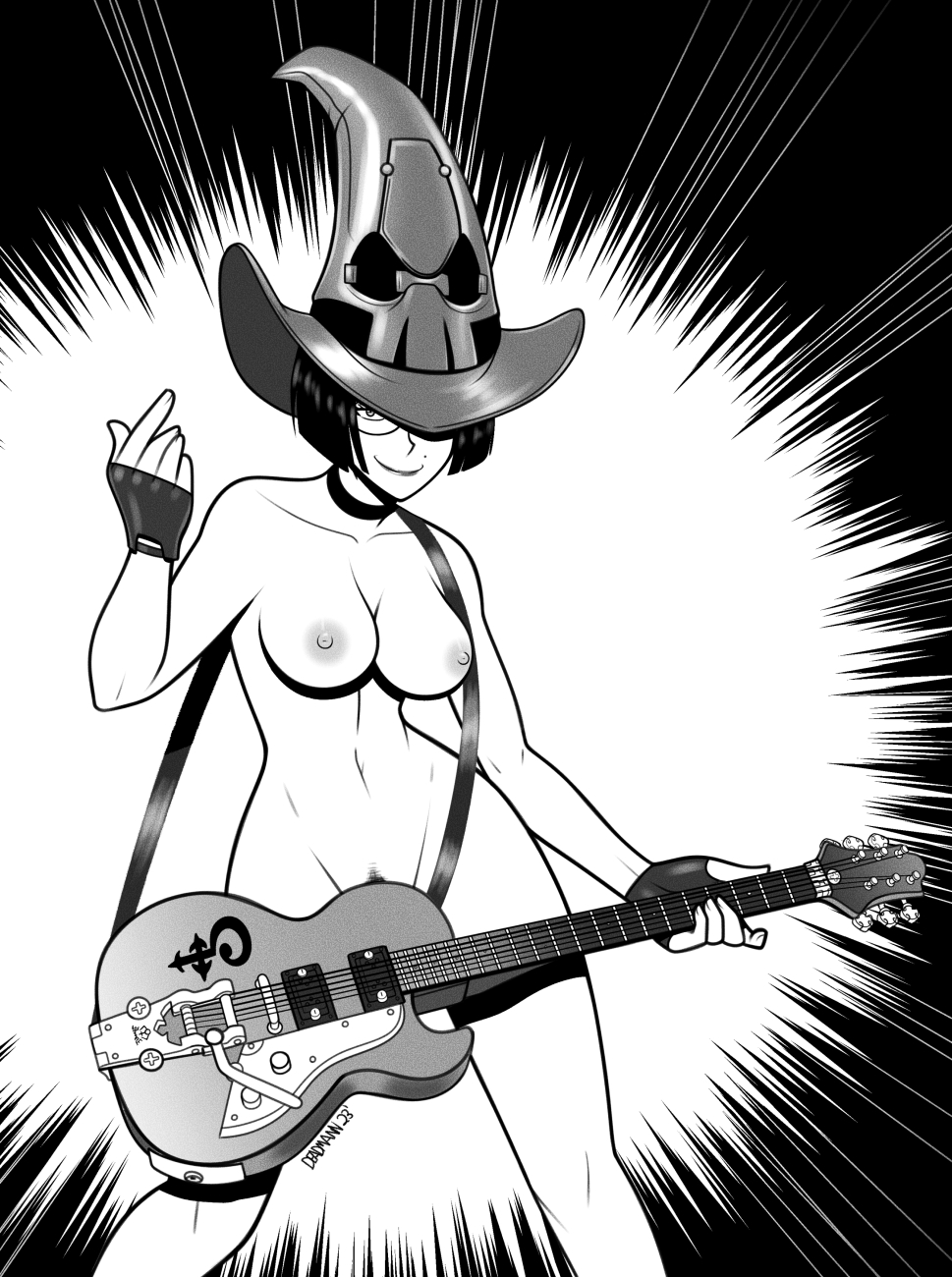 1girls breasts female female_only glasses gloves guilty_gear guitar hat i-no naked_gloves naked_hat navel nipples nude nude_female short_hair sketch solo sunglasses walkingdeadmann witch_hat