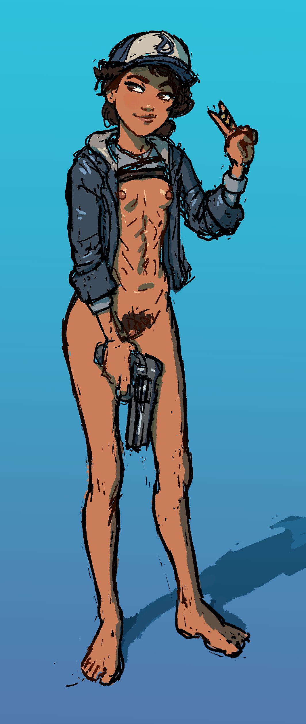 blue jacket, breasts, casual, clementine (the walking dead), clothing, dark skin, dark-skinned female, female, firearm, handgun, headwear, human, outerwear, peace sign, pears (artist), small breasts, the walking dead, the walking dead game, weapon