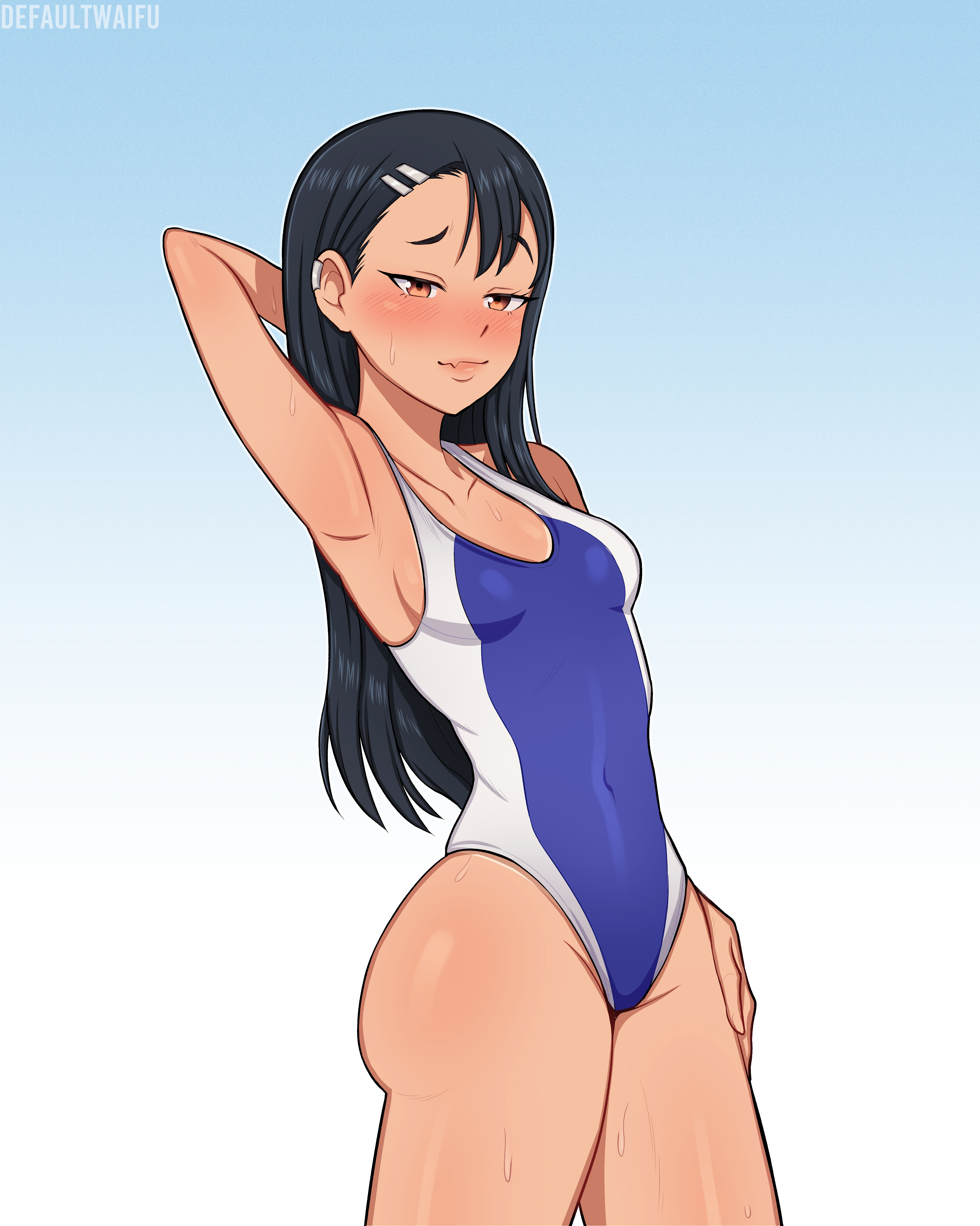1girls, armpits, black hair, blush, breasts, brown eyes, clothed, clothing, defaultwaifu, earrings, female, female focus, female only, hayase nagatoro, long hair, looking at viewer, navel, one arm up, please don't bully me, nagatoro, pose, revealing clothes, simple background, small breasts, smile, solo, swimsuit, tan, tan skin, tanned, watermark, white background