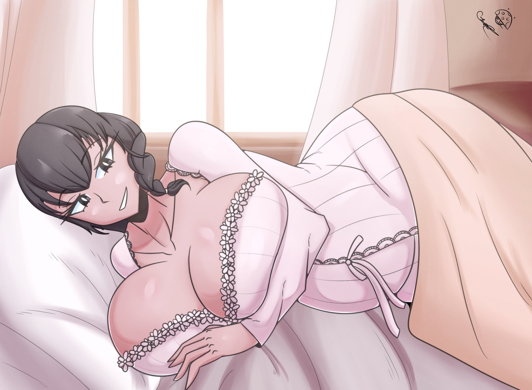 bed, bedroom, big breasts, breasts, commission, female, goddess of victory: nikke, mary (nikke), maternity clothes, maternity dress, pov, pregnant, tr yithaz, wholesome