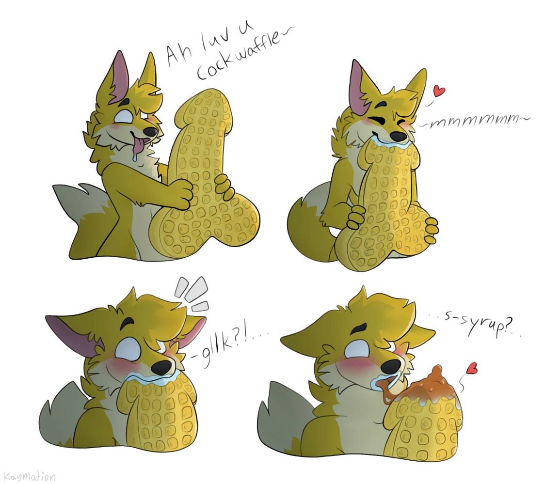 anthro bite blush canid canine cockwaffle confusion dipped_tail eating fehn_fennec fennec food food_fetish food_play fox happy heart kaymation male mammal meme no_pupils shaded solo sound_effects surprise syrup tongue tongue_out waffle