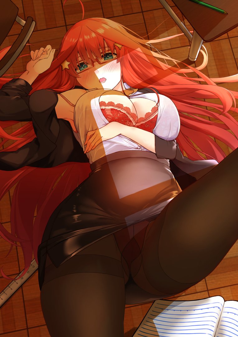 1girls 2023 accel001a blue_eyes blush blush_lines blushing_at_viewer book breast_grab breasts_exposed breasts_out breasts_out_of_clothes chair exposed_breasts female female_focus female_teacher floor front_view glasses go-toubun_no_hanayome hands_behind_head hands_on_hips high_resolution looking_at_viewer nakano_itsuki open_mouth pantyhose paper pencil_skirt red_bra red_hair ruler school school_chair school_desk school_uniform shirt skirt star staring_at_viewer supine teacher teacher_outfit teaching thick_thighs thighs unbuttoned unbuttoned_shirt under_skirt viewed_from_below