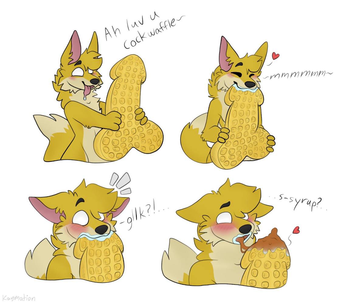 anthro bite blush canid canine cockwaffle confusion dipped_tail eating fehn_fennec fennec food food_fetish food_play fox happy heart kaymation male mammal meme no_pupils solo sound_effects surprise syrup tongue tongue_out waffle