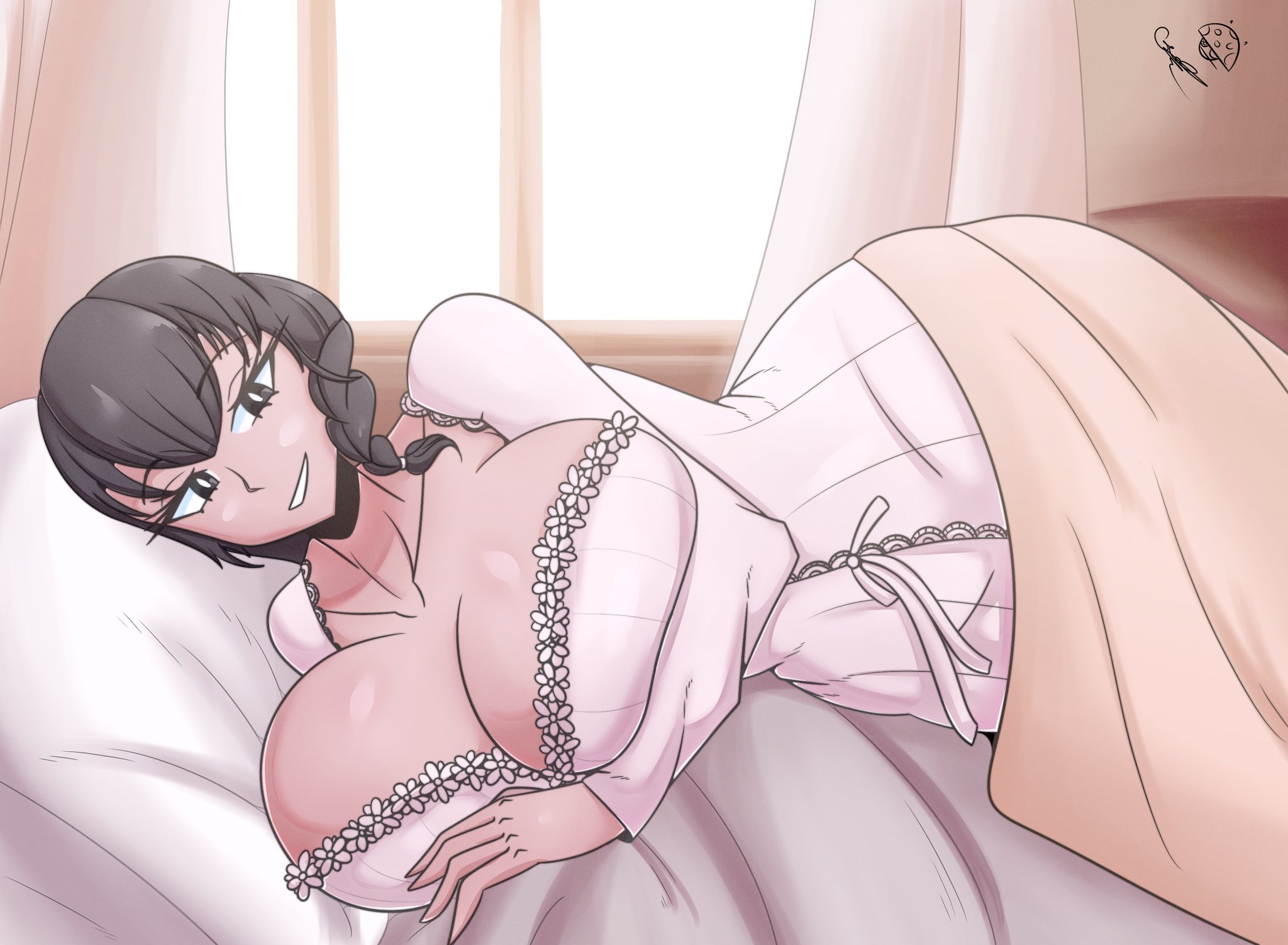 1girls, bed, bedroom, big breasts, black hair, breasts, commission, female, goddess of victory: nikke, looking at viewer, mary (nikke), pov, smile, tagme, tr yithaz, wholesome, wide hips
