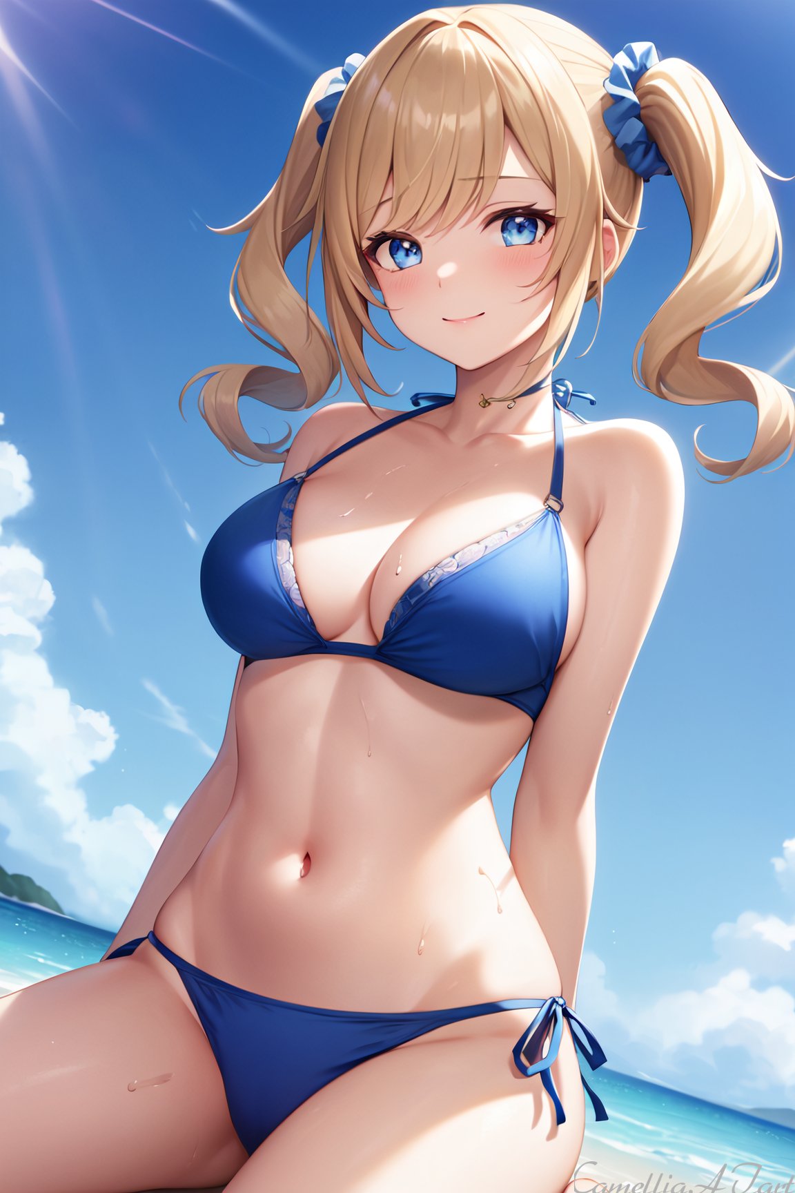 1girls, ai generated, barbara (genshin impact), beach, belly, belly button, big breasts, big thighs, bikini, bikini bottom, bikini top, blonde female, blonde hair, blonde-haired female, blue eyes, breasts, camellia aj art, clouds, curvaceous, curvy body, curvy female, curvy figure, eyebrows, eyebrows raised, eyebrows visible through hair, female, front view, genshin impact, hands behind back, large breasts, large thighs, looking at viewer, nun, ponytail, ponytails, slim female, slim waist, smile, smiling, smiling at viewer, staring at viewer, sunlight, sweat, sweatdrop, sweating, swimsuit, swimwear, water
