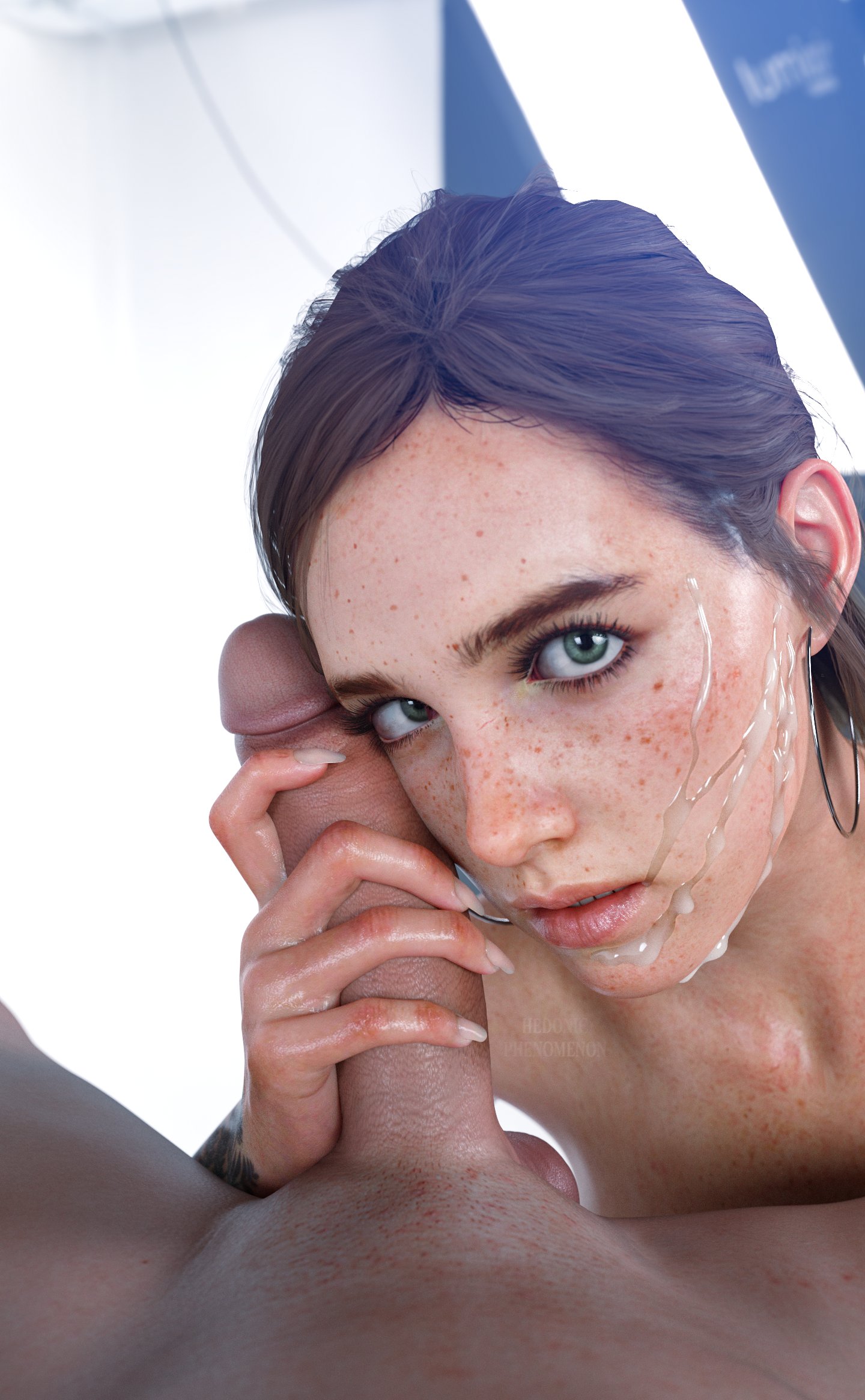 1boy, 1girls, 3d, after oral, big penis, blue eyes, brown hair, cum, cum on face, ellie (the last of us), ellie williams, eye contact, facial, female, female focus, fingernails, freckles, glans, hedonicphenomenon, kneeling, long fingernails, long penis, male, nude, nude female, nude male, nudity, oral, partial male, penis, penis against face, penis on face, pov, realistic, tagme, tattoo, the last of us, the last of us 2